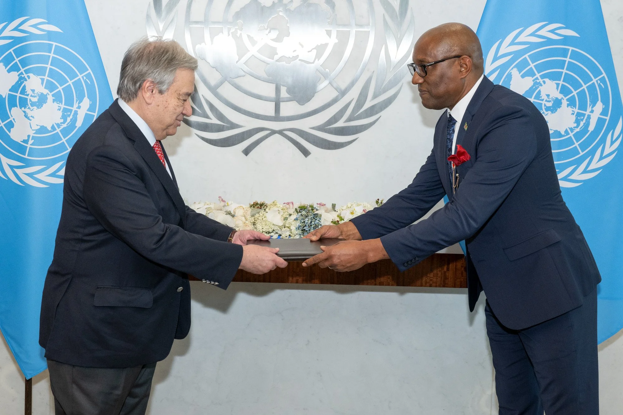 Dr. Philbert Aaron, Dominica's Ambassador to the United Nations, presents credentials to UN Secretary-General — a defining moment in Eastern Caribbean diplomatic leadership.