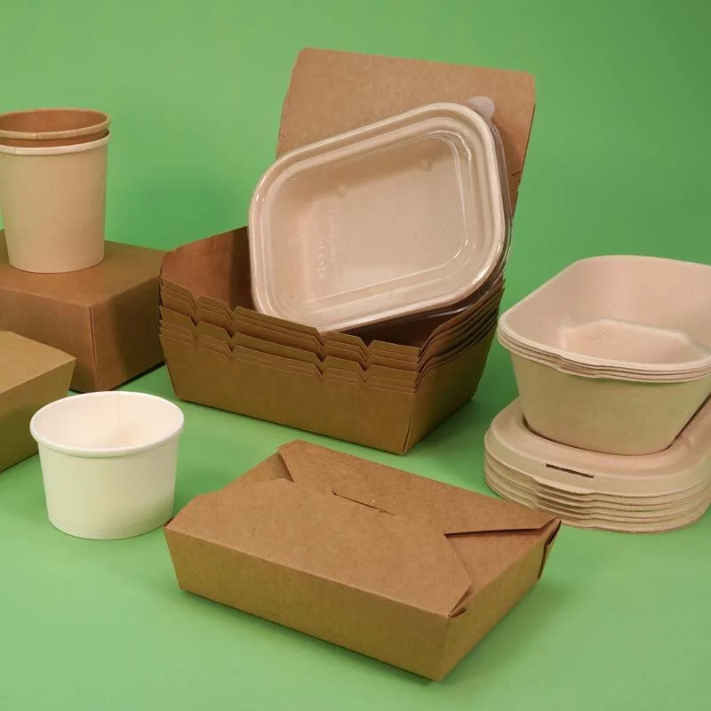 Various compostable, eco-friendly, sustainable restaurant packaging