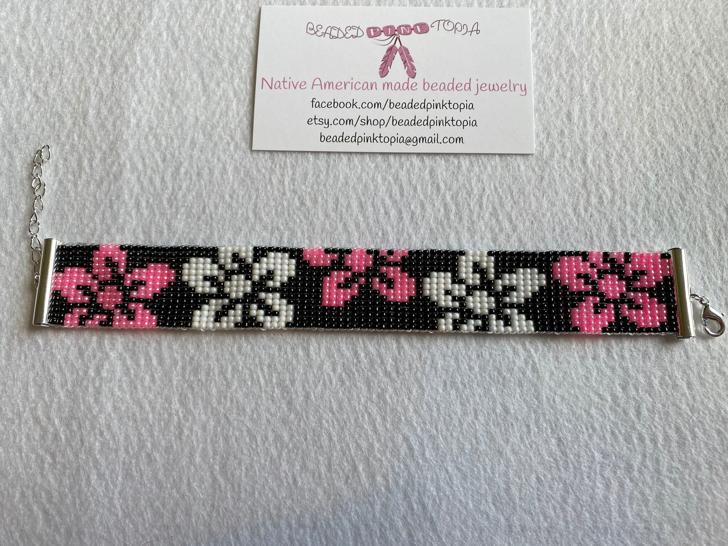 Hand Made Seed Bead Loom Flat Bracelet White Blue Pink Flower Pattern  Adjustable