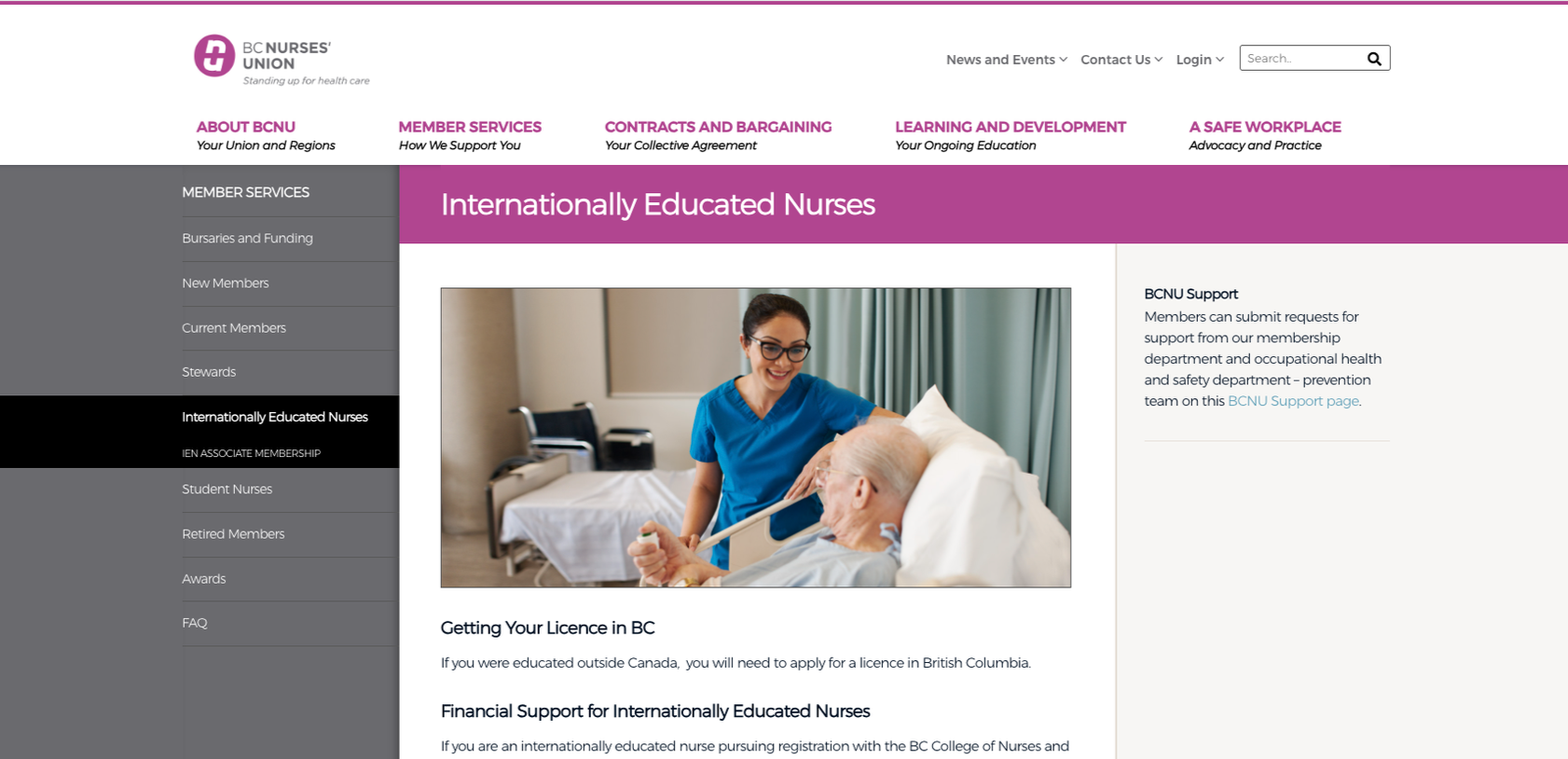 Screenshot of BCNU resources website for for internationally educated nurses