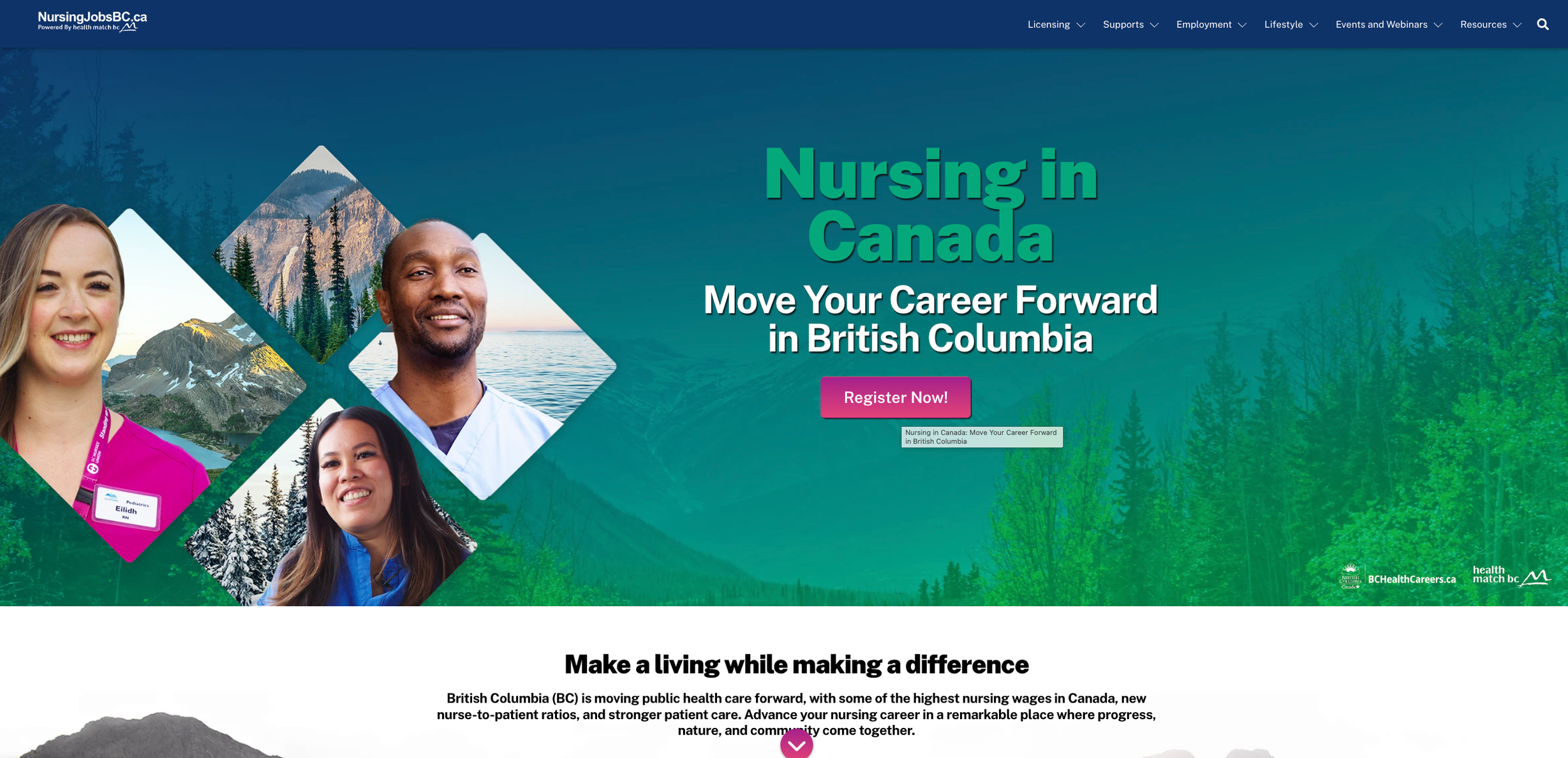 Screenshot of Nursing Jobs BC website for internationally educated nurses