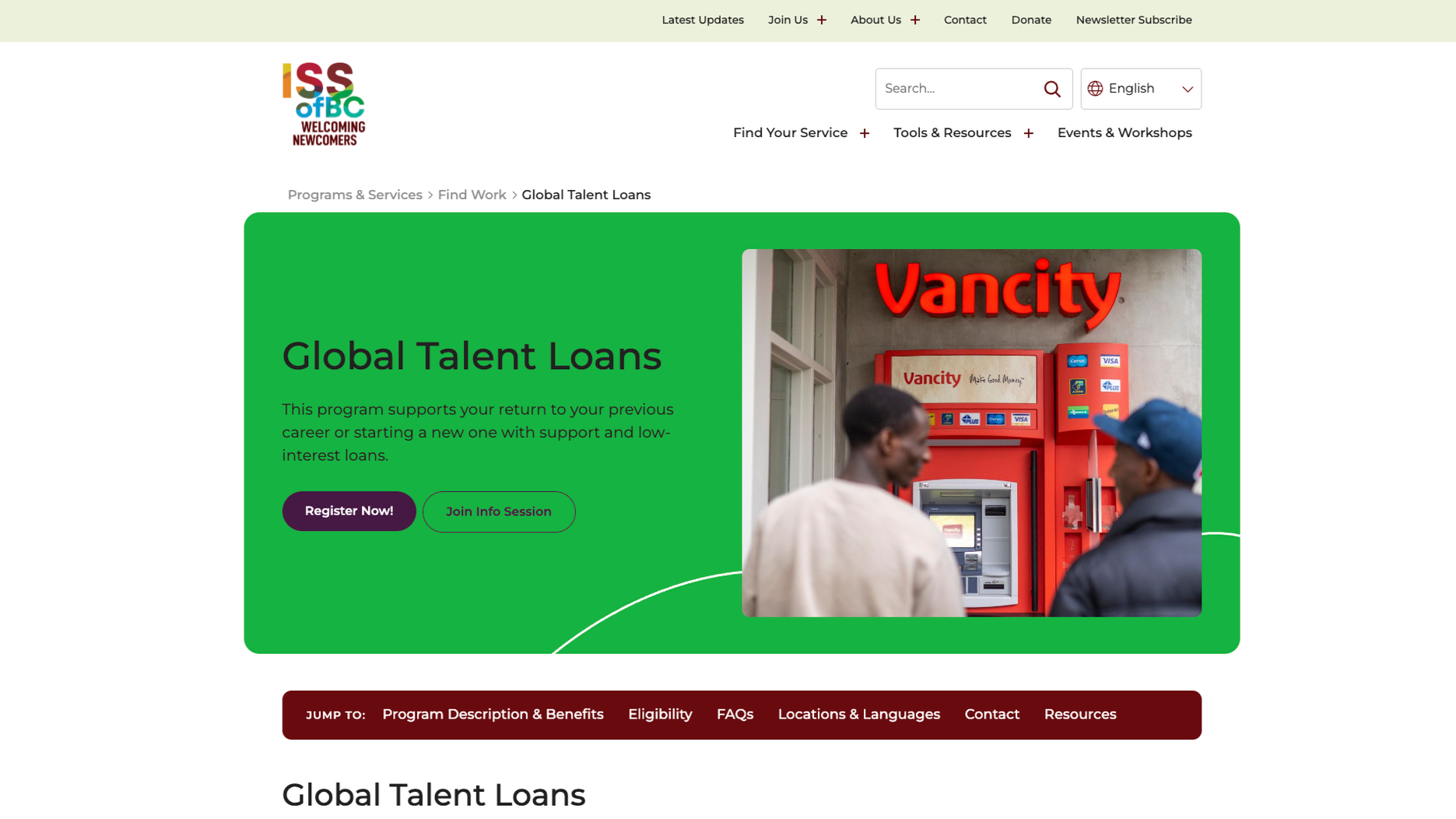 Screenshot of ISS of BC website global talent loans resource for internationally educated nurses