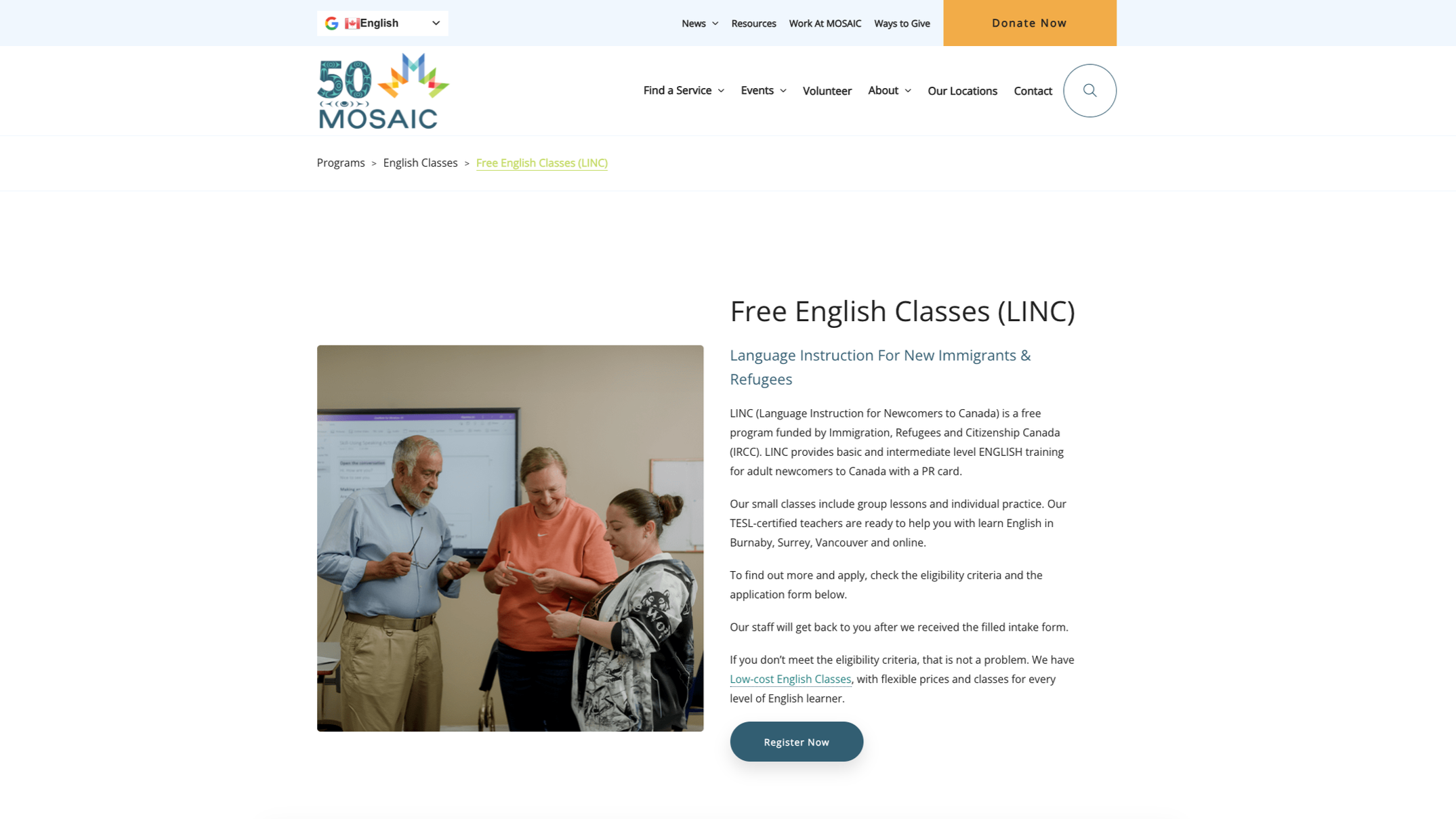 Screenshot of MOSAIC LINC English Classes for internationally educated nurses website