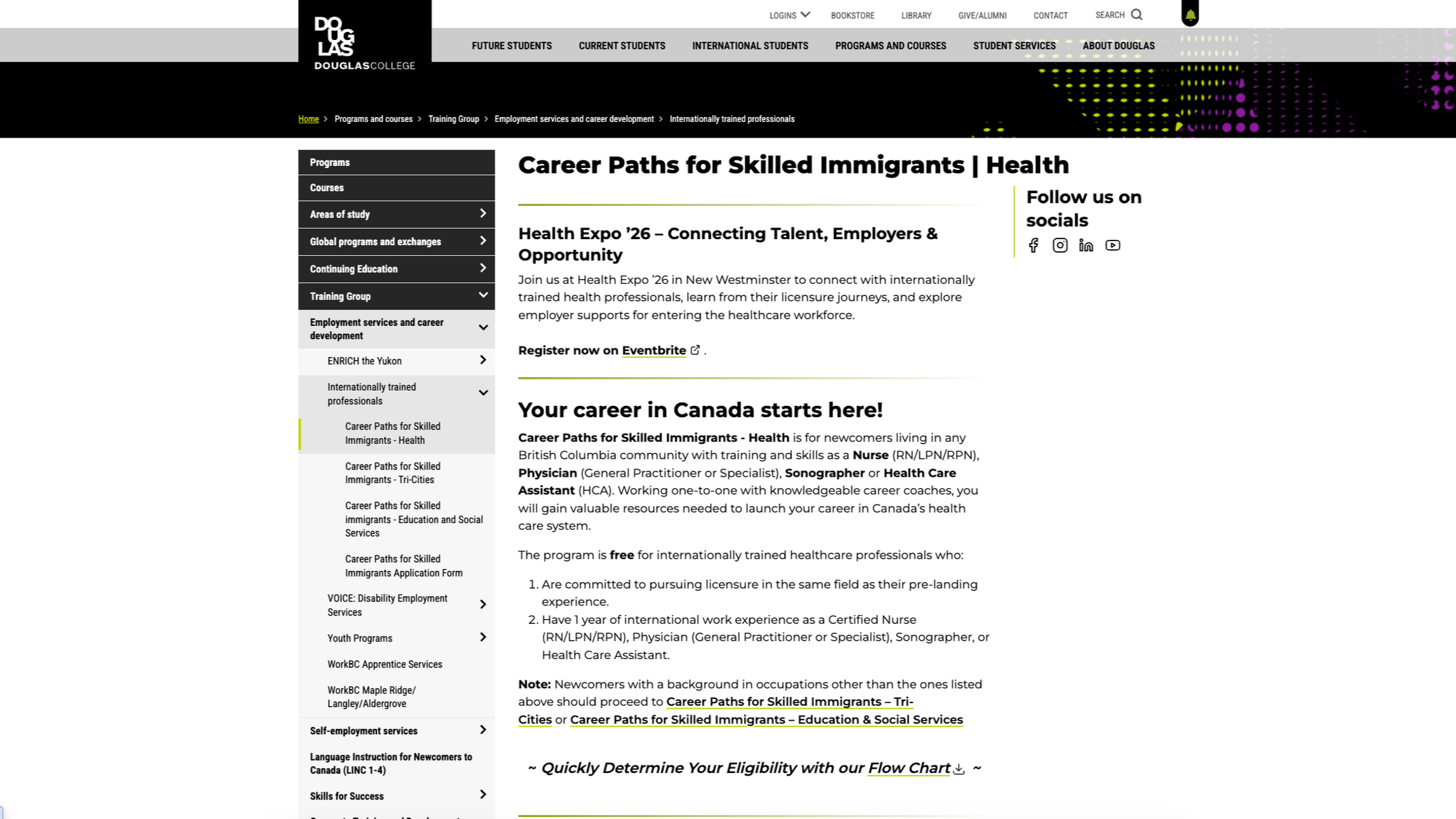 Screenshot of Douglas College Career Paths for Skilled Immigrants Health Website for for internationally educated nurses