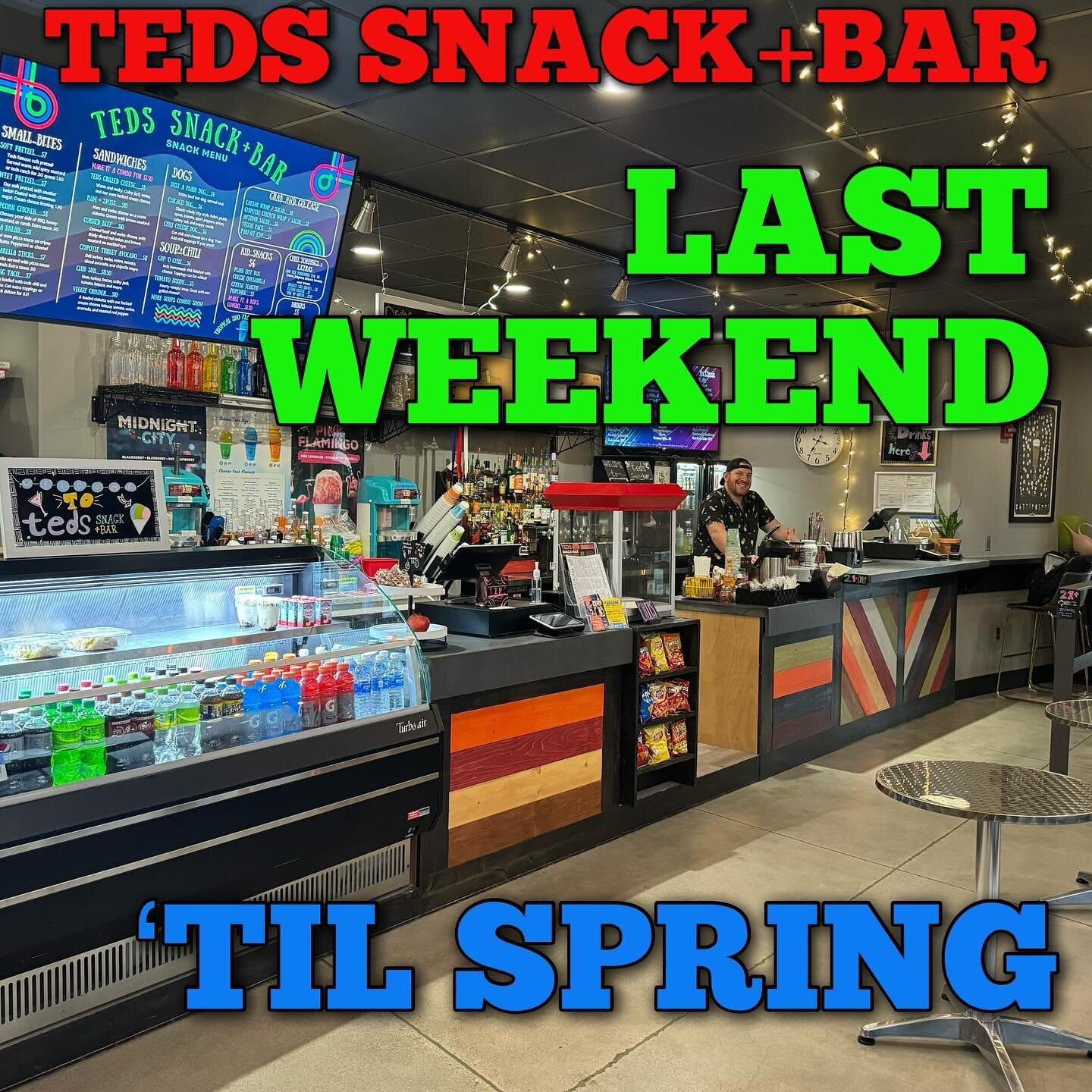 This is the last weekend for teds Snack+Bar until Spring! Come out &amp; visit Jacob and help clear out some of our inventory. 

We will still be here for private events, and may do some pop up events if we get some nice weekends. (And maybe to celeb