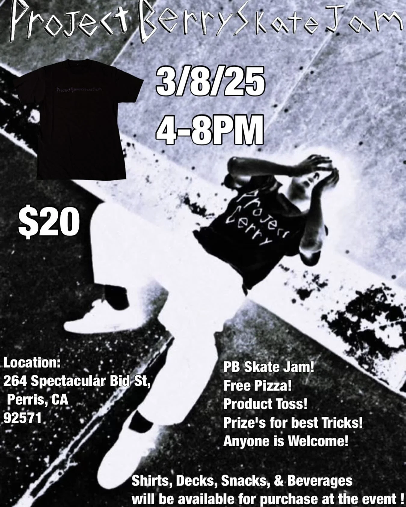 Project Berry Skate Jam!!π€
(3-8-24)
Limited Edition ProjectBerry Skate Jam Tee will be available for purchase for $20 + Limited Stock from online store ProjectBerry.co
Snacks, and beverages will be available for purchase no more than $2!!
Free