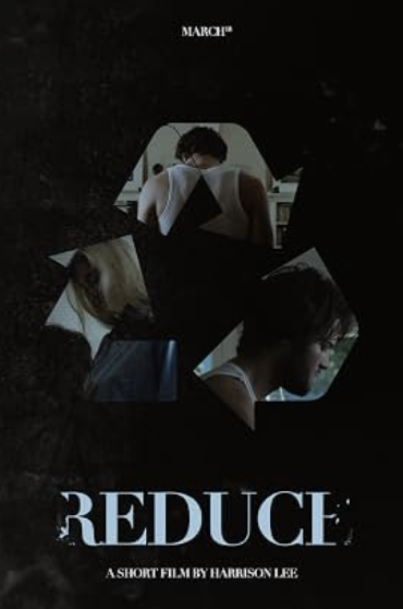 Poster for the short film "Reduce" by Harrison Lee, featuring a dark background with a hexagon-shaped collage of four women in various emotional states.