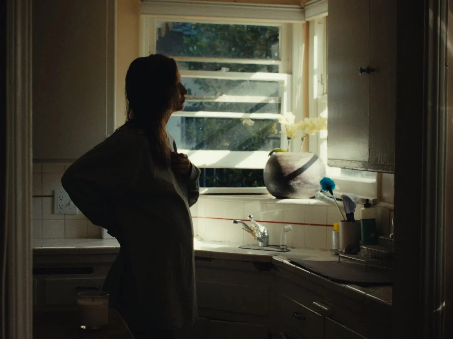 A woman stands in front of a kitchen window, with sunlight illuminating the space behind her, and a vase with white flowers on the windowsill.