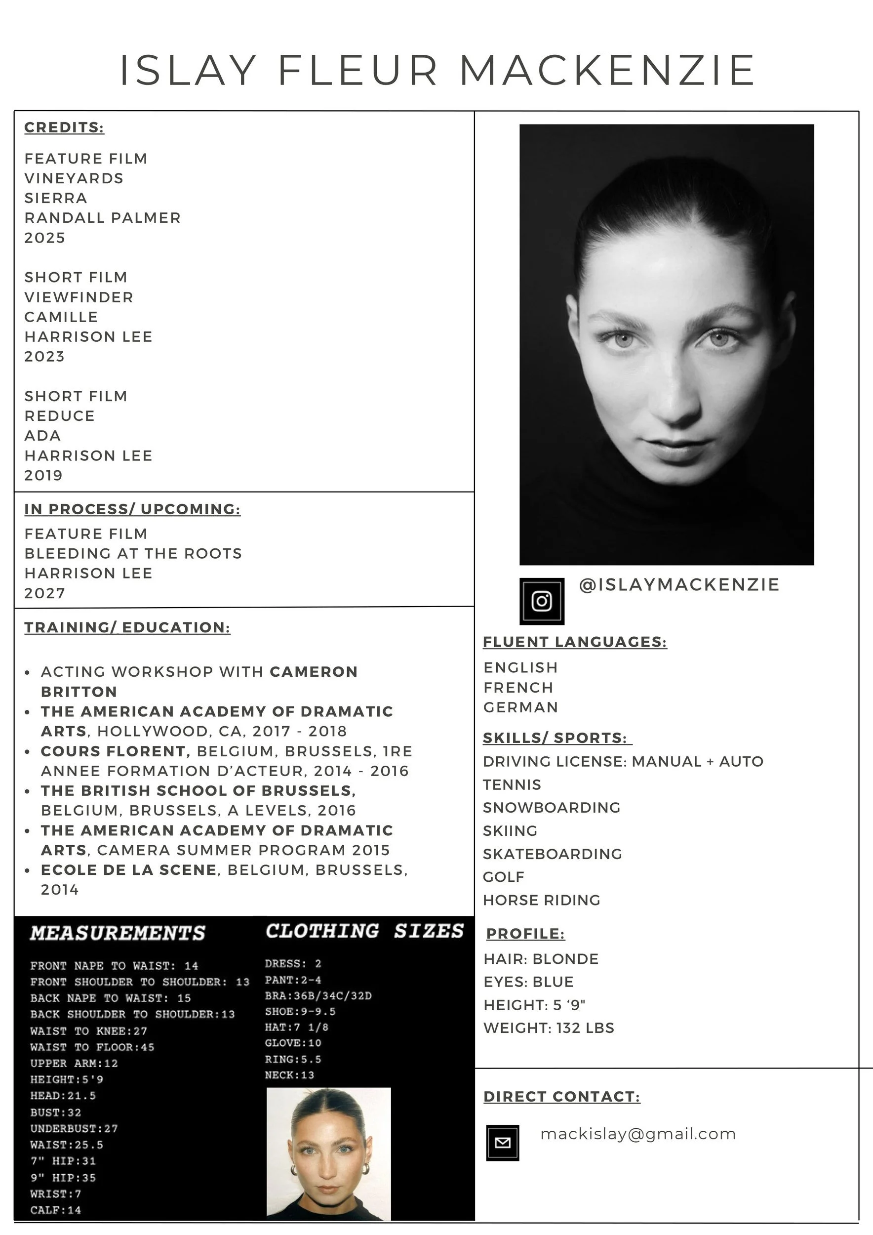 A detailed resume of Islay Fleur MacKenzie, education history, modeling measurements, skills, languages, and contact details, alongside two professional headshot photographs of a young woman with blonde hair and blue eyes.