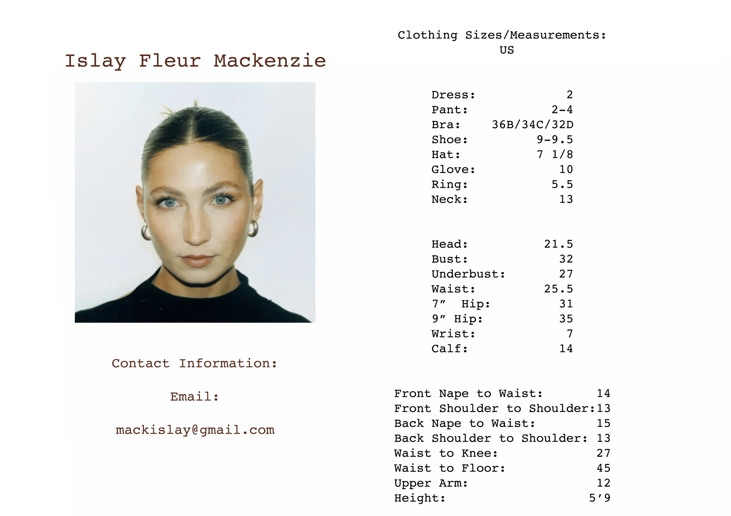 A fashion or modeling profile document with a portrait of a woman on the left and measurements on the right. The woman's portrait shows her with styled hair, blue eyes, earrings, and makeup, wearing a black top.