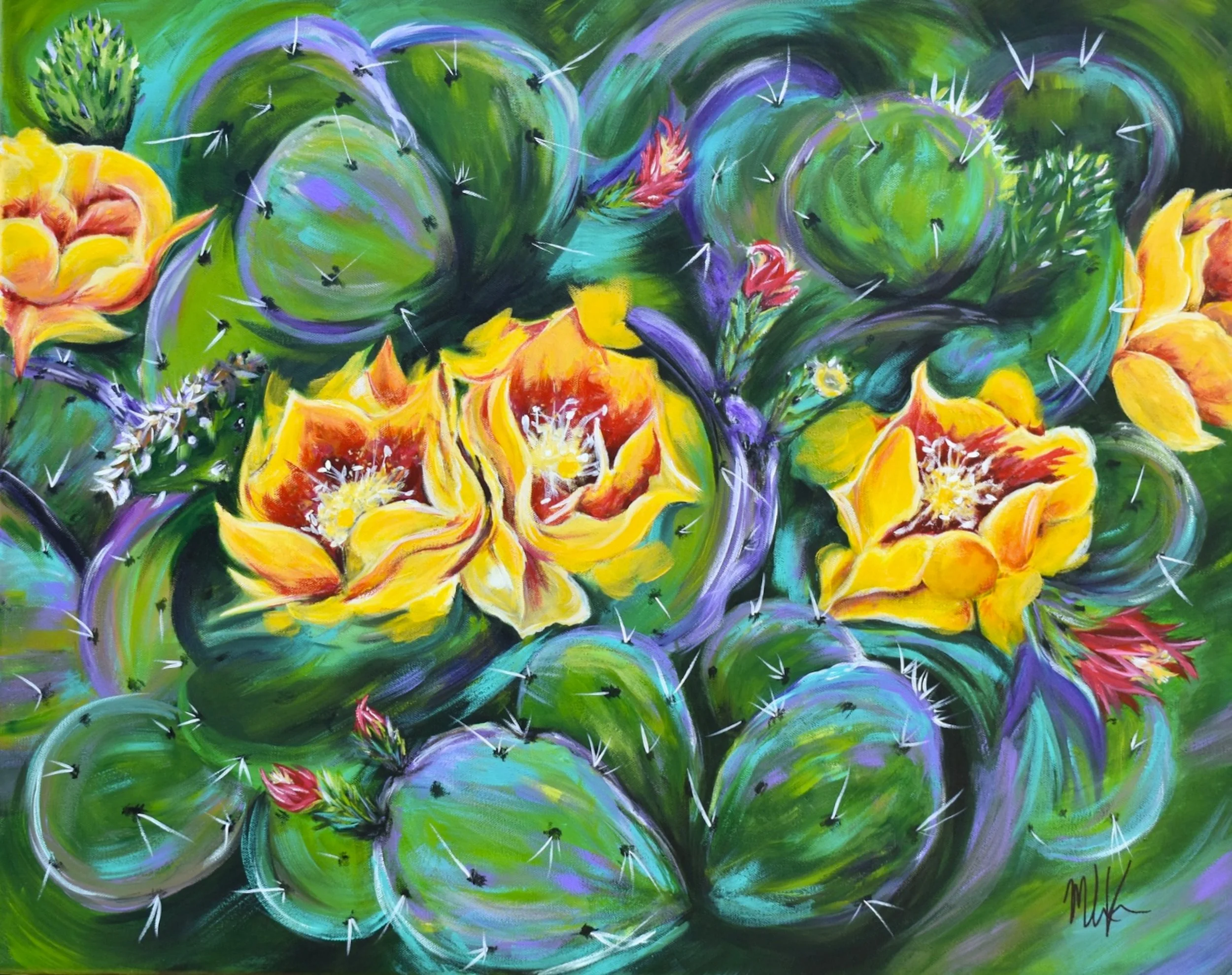 Colorful painting of green prickly pear with yellow, orange, and red flowers and white cactus spikes.