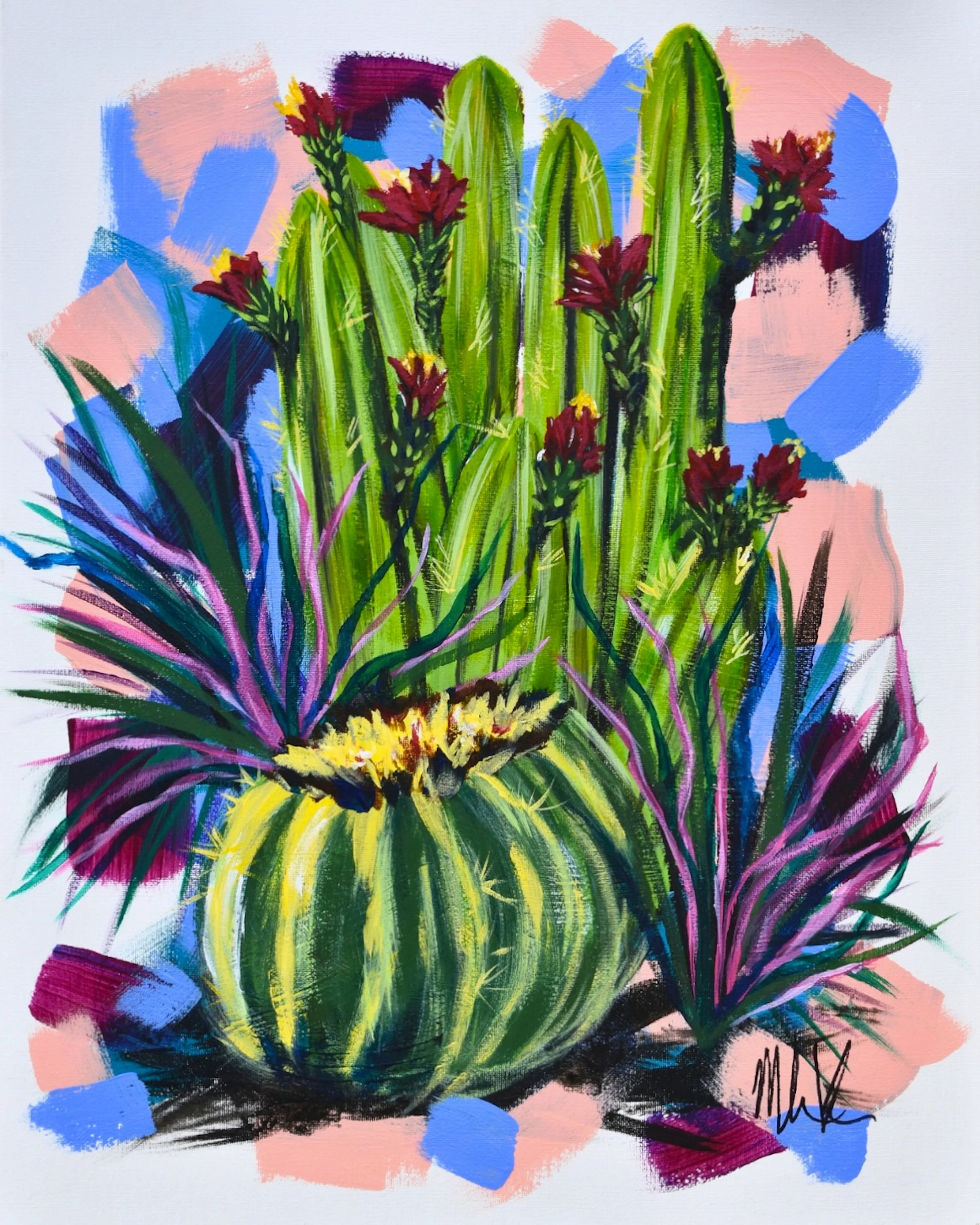 Colorful painting of a cactus with red flowers and a barrel cactus, surrounded by purple and blue abstract brush strokes.