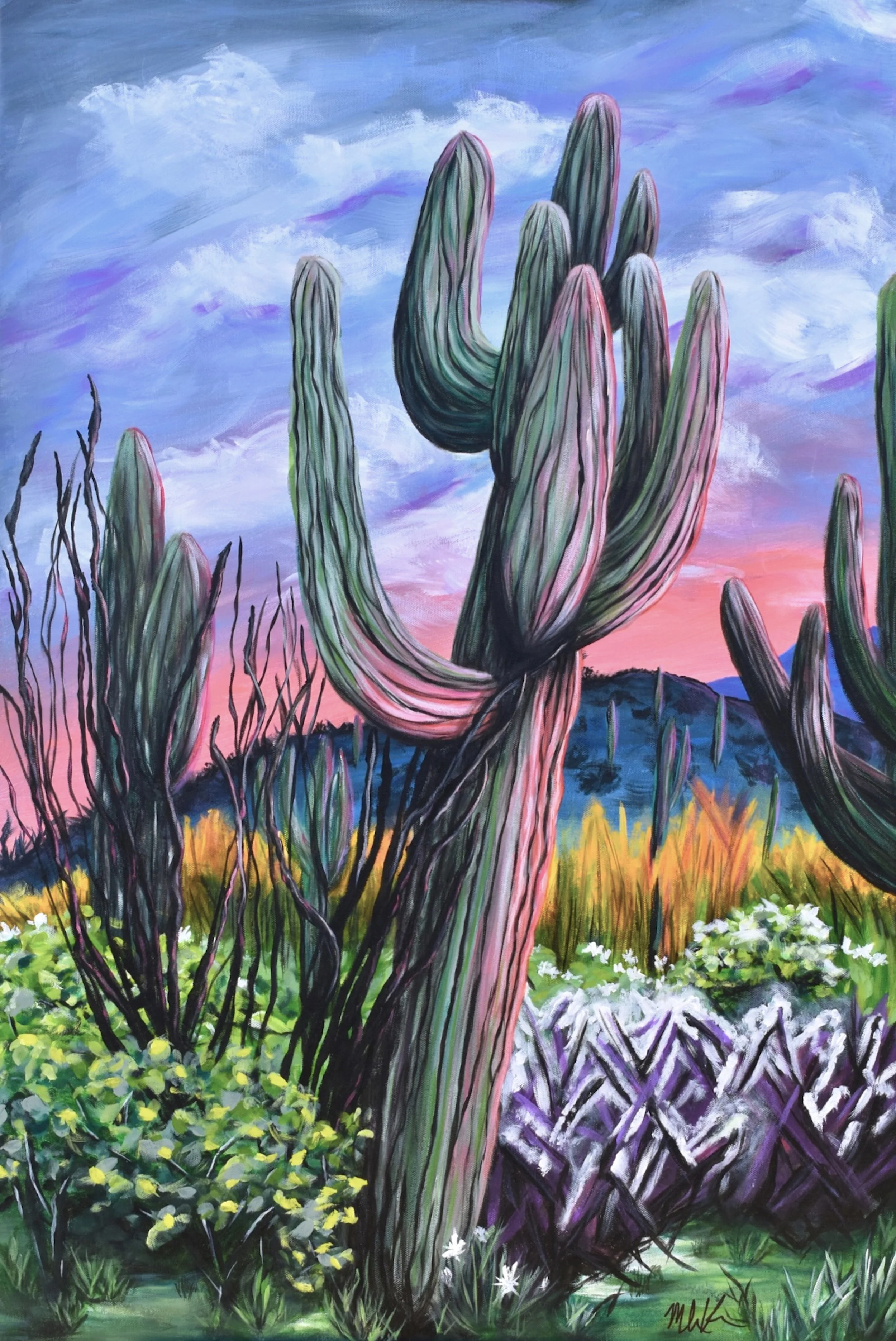 Painting of a desert landscape at sunset with large saguaro cacti, desert plants, and colorful sky in shades of pink, purple, and blue.