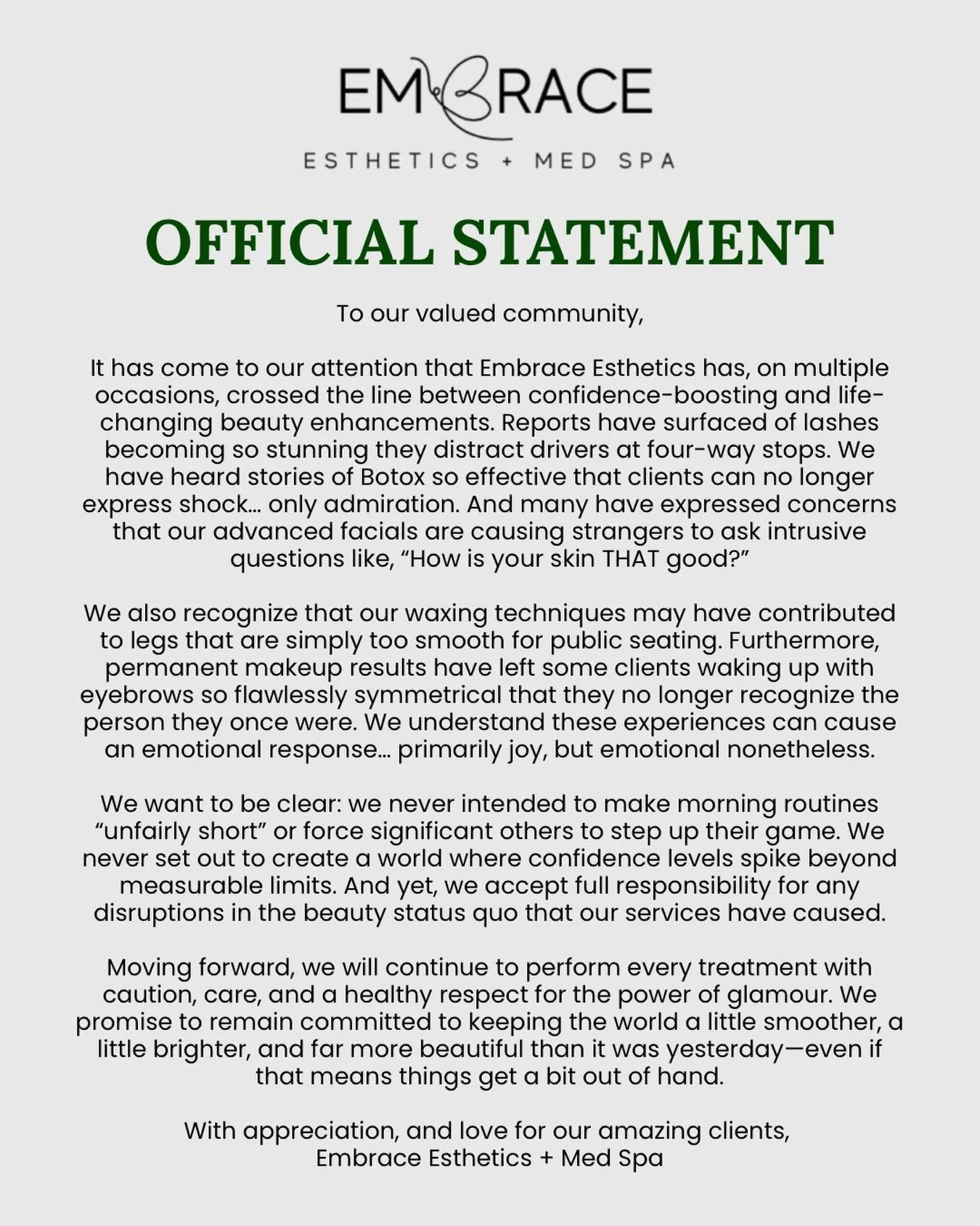 We take accountability for being too good at what we do 😌✨
If smoother skin, snatched brows, and jaw-dropping lashes are wrong&hellip; we don&rsquo;t want to be right.
📍Book with the beauty experts: vagaro.com/embraceestheticsmedspa