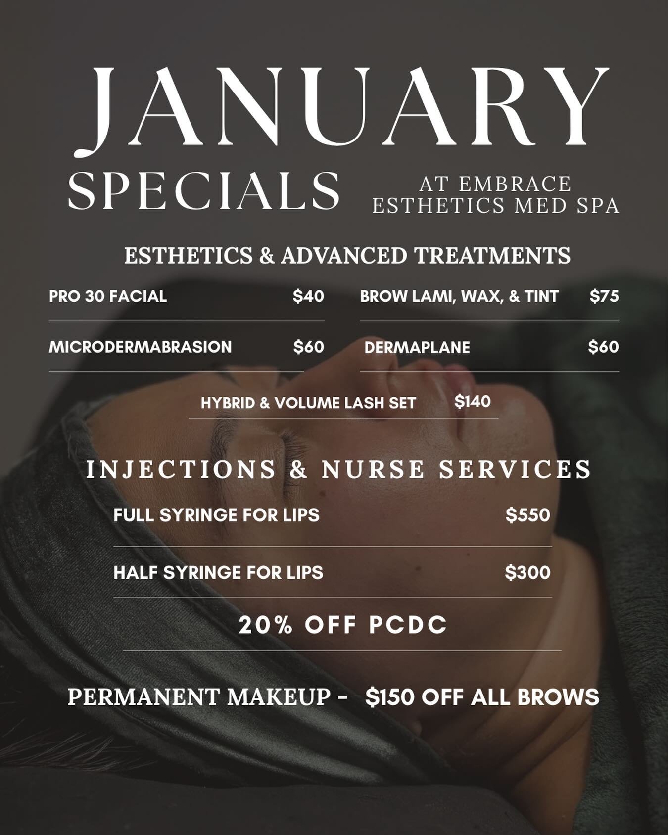 January is the month for fresh starts and intentional self-care ✨
Here&rsquo;s what we&rsquo;re offering all month long:

🤍 Esthetics &amp; Advanced Treatments
&bull; Pro 30 Facial &mdash; $40
&bull; Microdermabrasion &mdash; $60
&bull; Dermaplane &