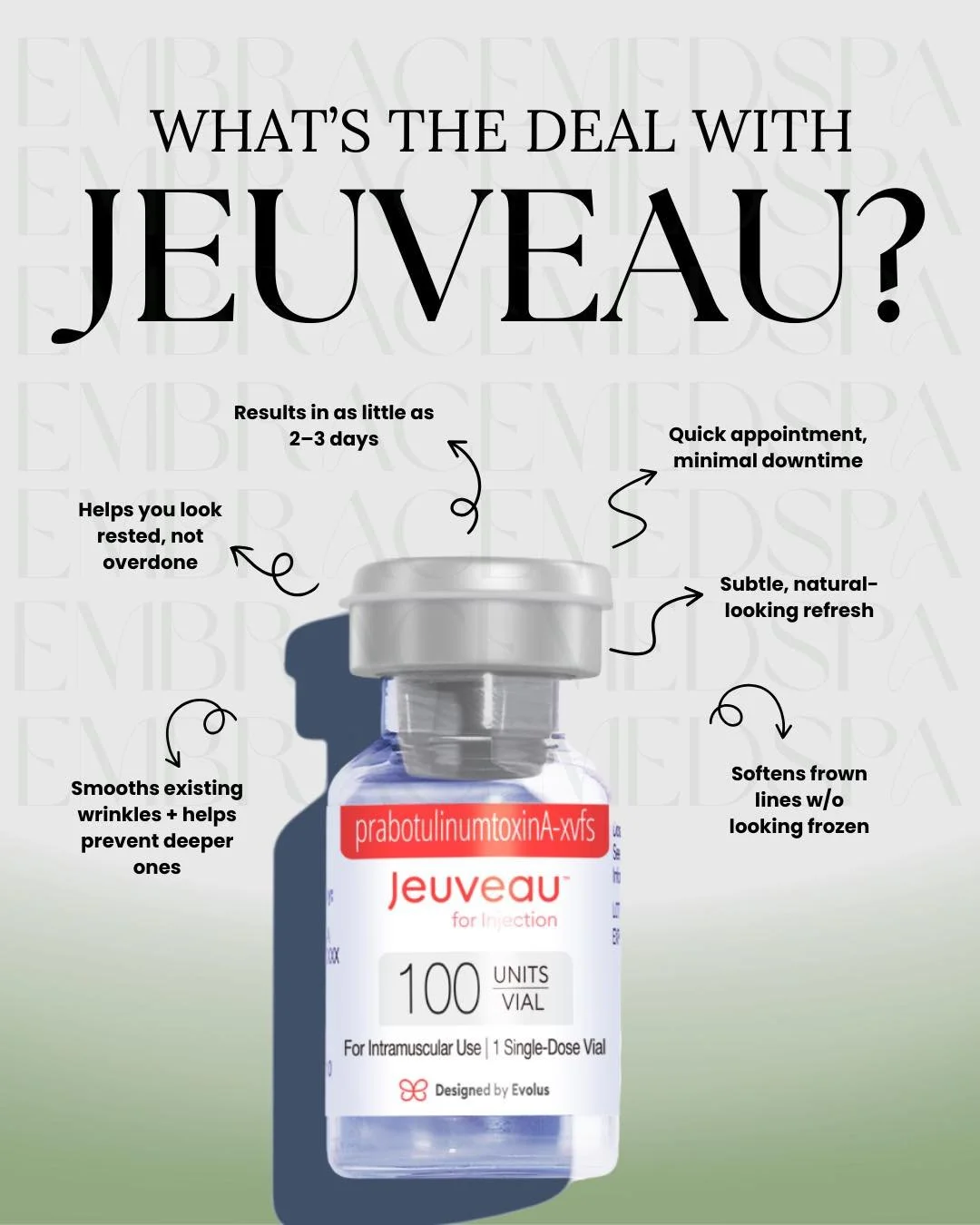 Jeuveau is one of our favorite ways to create a fresh, rested look without looking &ldquo;done.&rdquo;

This modern neurotoxin works by gently relaxing the muscles that cause expression lines&mdash;helping smooth existing wrinkles while preventing de