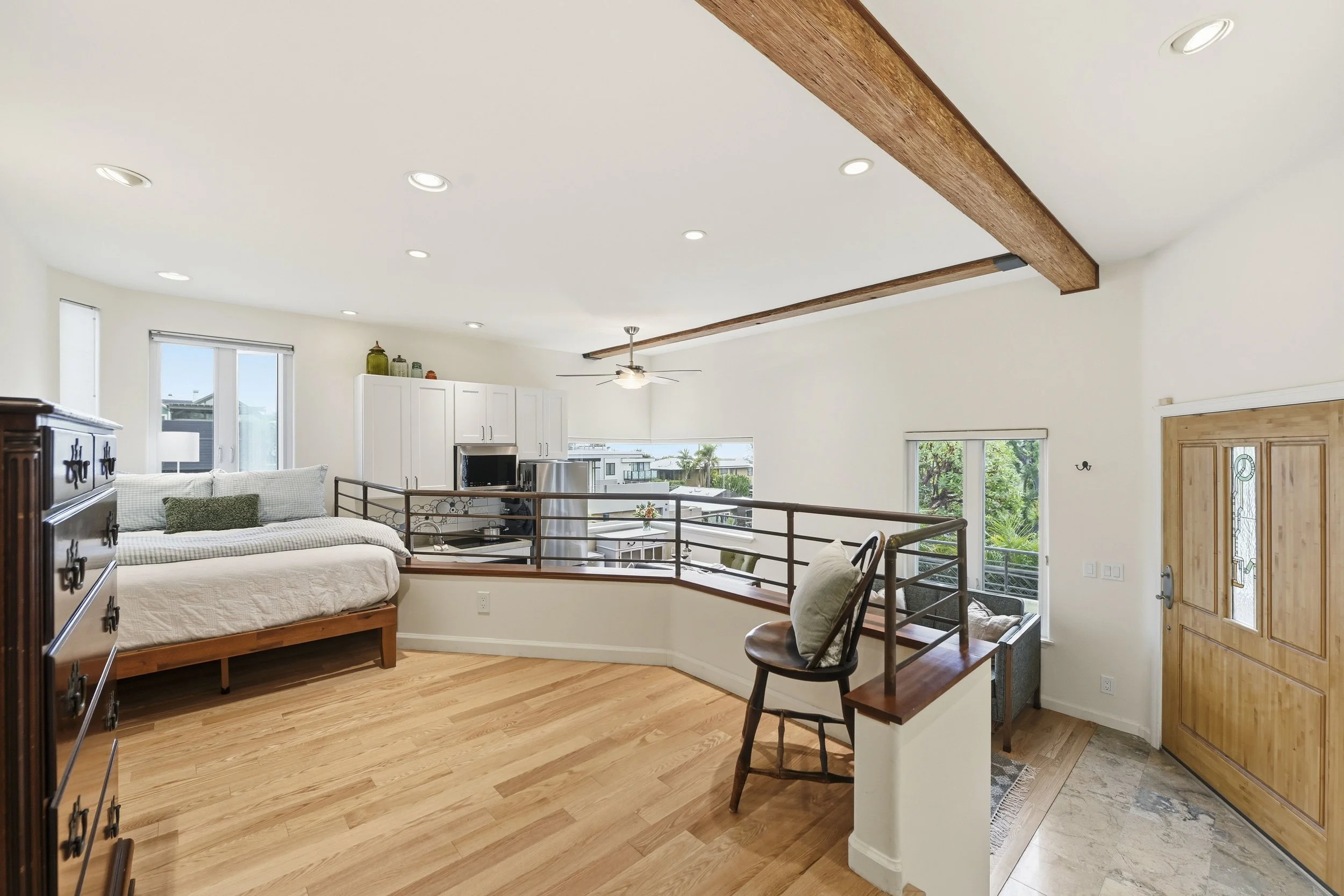 Photograph of an ADU studio unit. View of bedroom. Furnished rental unit ready for move in.