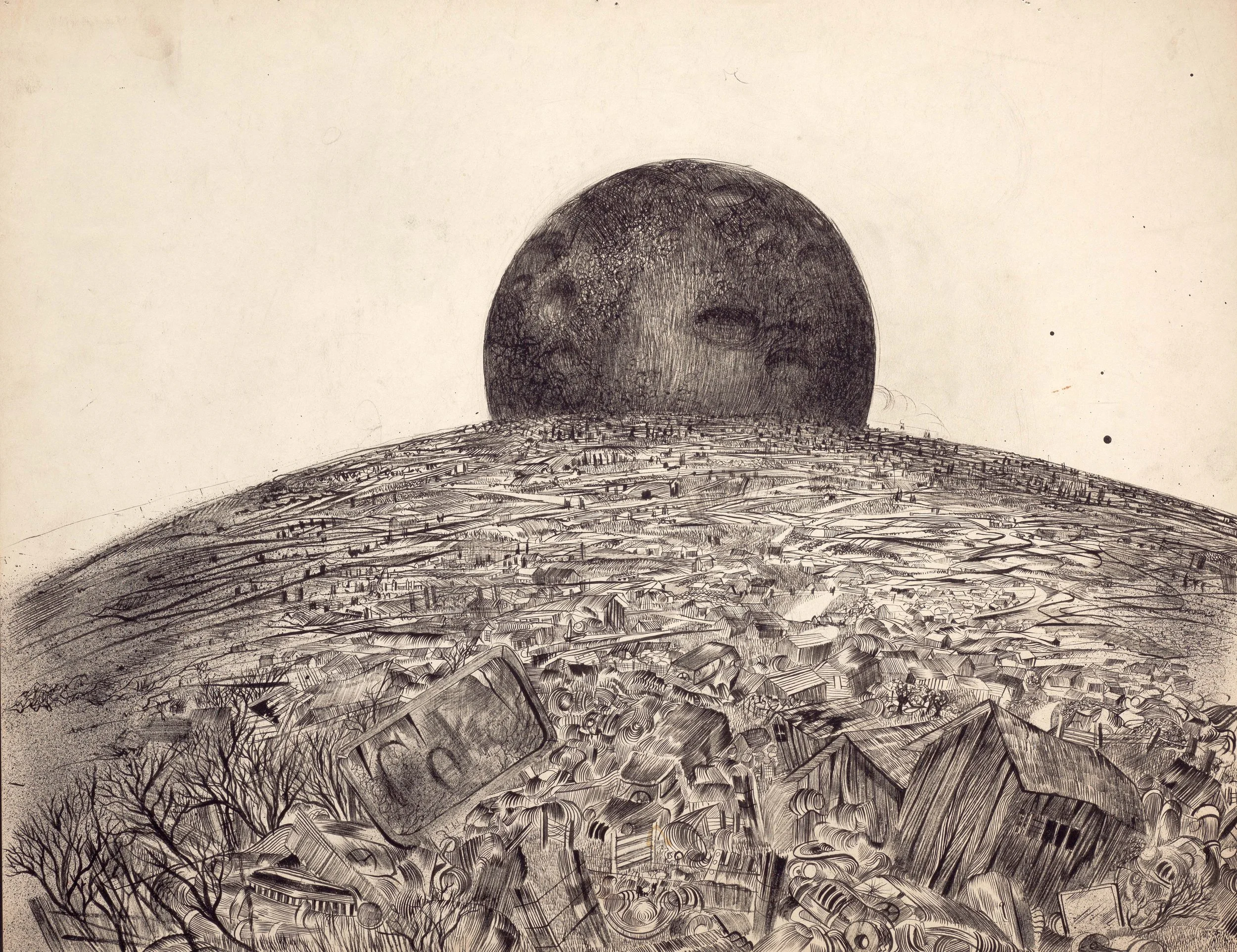 A detailed black and white drawing of a large, dark, cratered moon or planet in the sky, overlooking a cityscape filled with clutter and debris, including broken objects and discarded items.