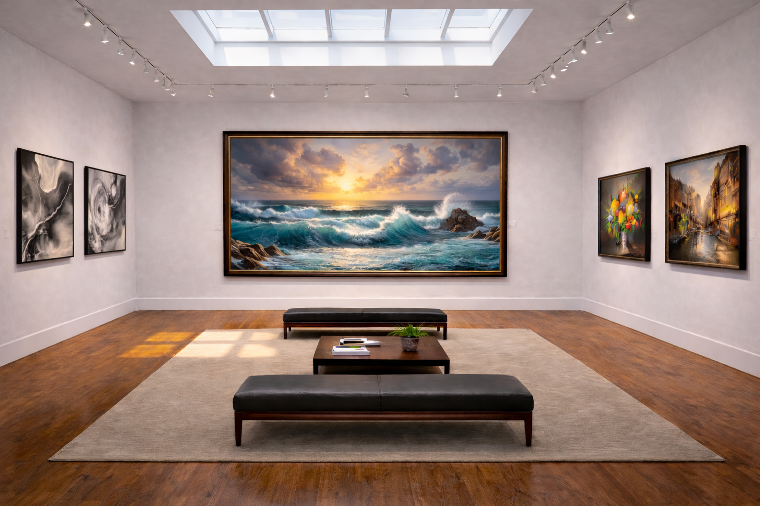 Art gallery interior with framed paintings on the walls