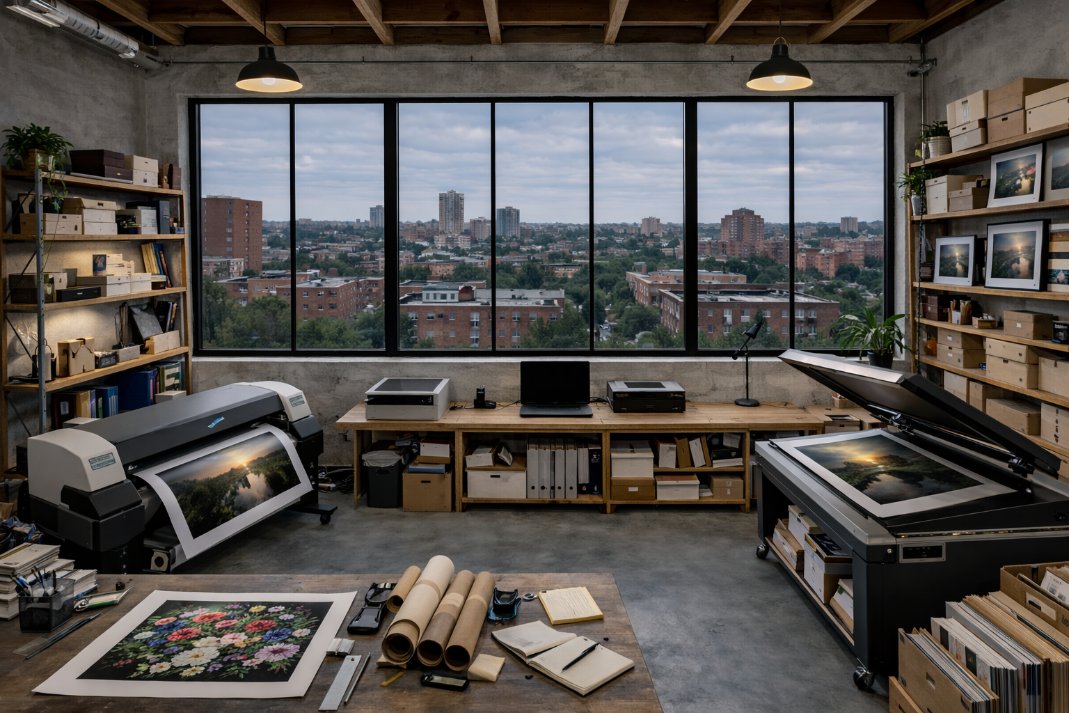A modern photo studio with large window overlooking a cityscape, featuring printers, a laptop, photo prints, shelving with boxes and books,, and a flatbed scanner.