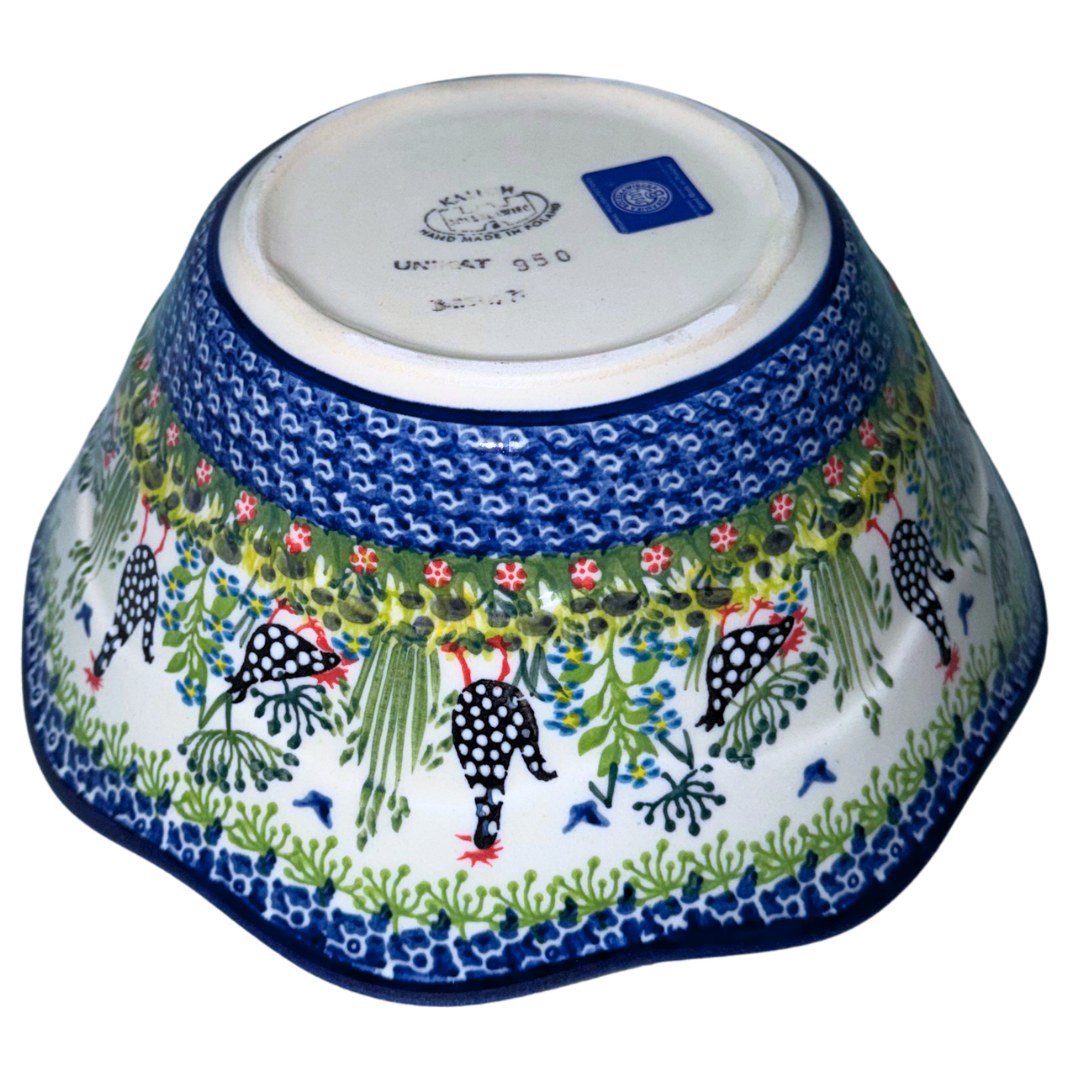 Ceramika Kalich Pattern 950 Polka Chicken Polish pottery with hand-painted hens and floral garden design. Authentic Bolesławiec stoneware, durable, dishwasher, microwave, and oven safe.