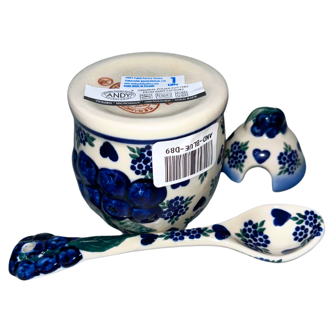 Blueberry Jam Jar with Spoon by Andy Ceramika. Made in Boleslawiec Poland. Handcrafted and hand painted.