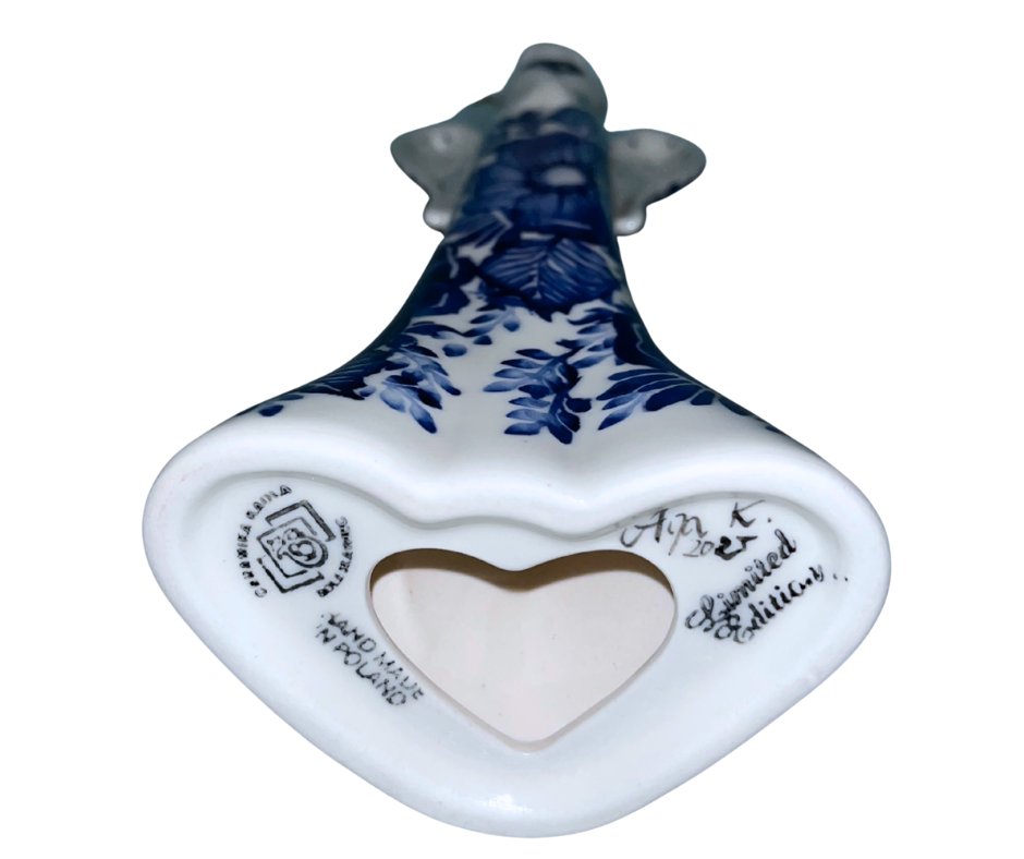 9.75" hand-painted Kaola angel in cobalt florals, signed by Aga K. Limited Edition 2025. Handmade in Bolesławiec, Poland.