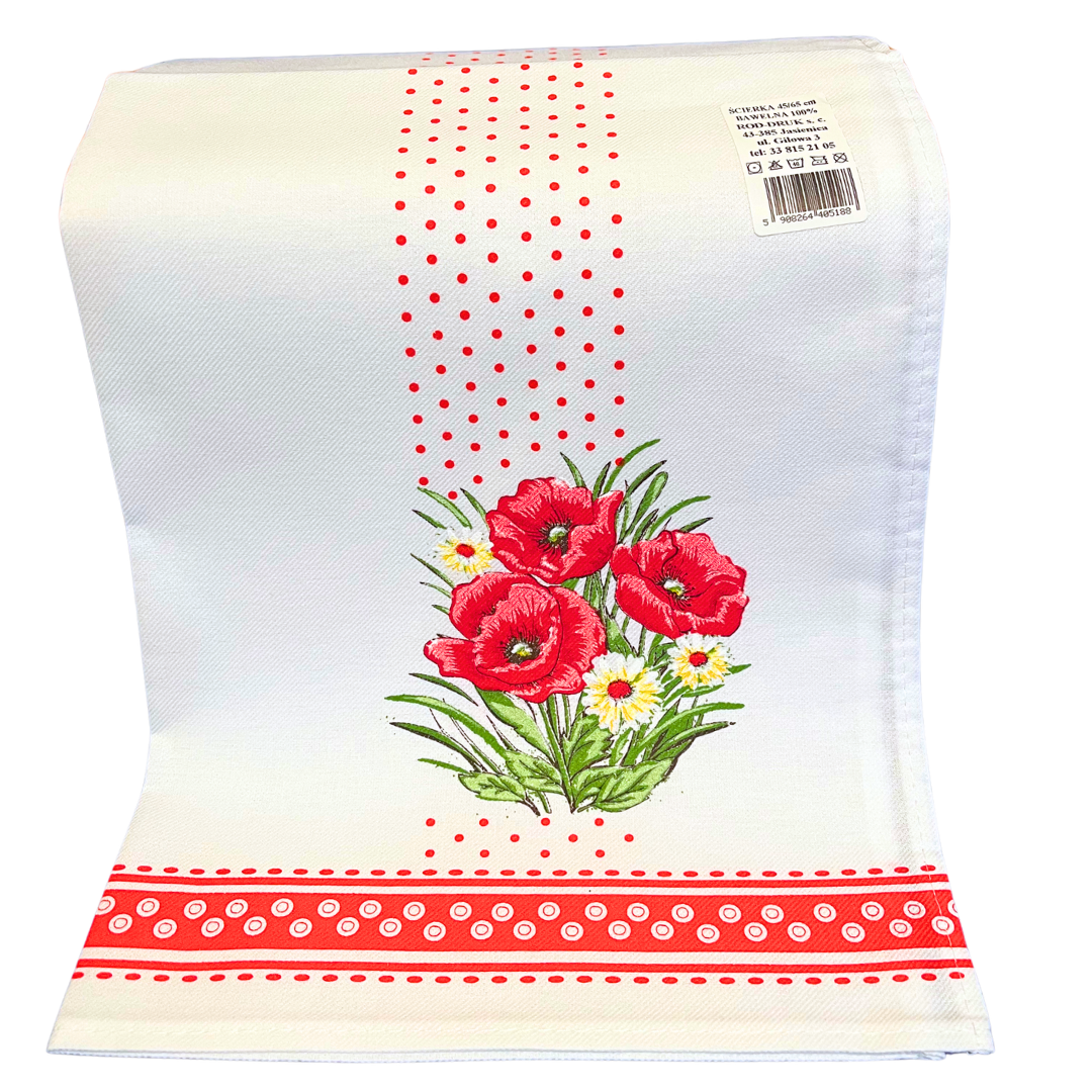 Kitchen Towel Set of 2 - 100% Cotton made in Poland , Red Poppy & Red Accents Pattern
