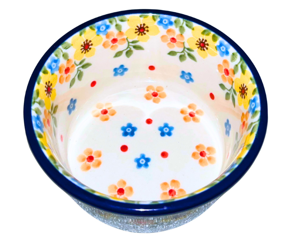 Handcrafted Polish Pottery 4 inch Ramekin in Ceramika Artystyczna Pattern 2225x Buttercup. A bright and cheery pattern with small yellow blue & orange flowers on white background