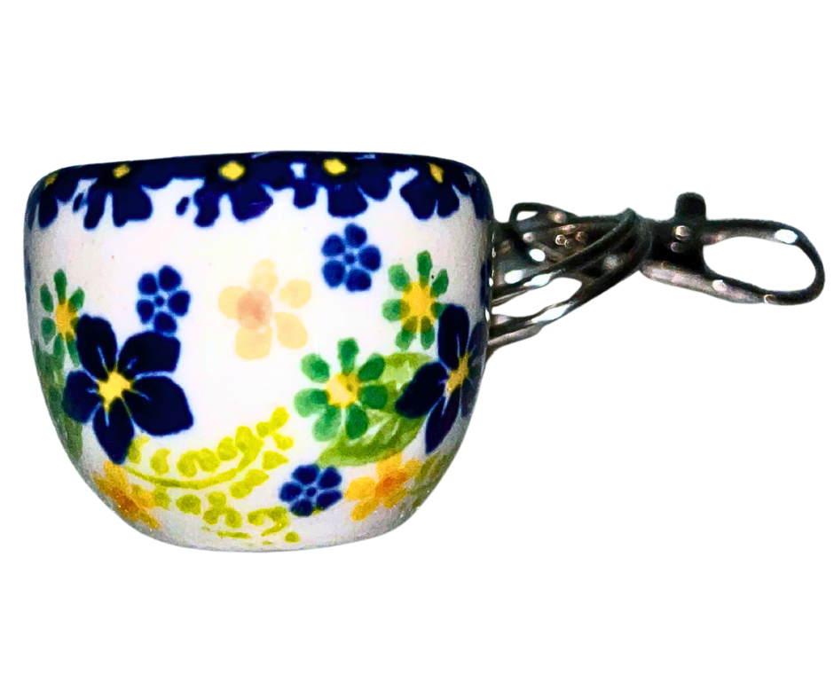 KALICH Polish Pottery Small Cup Key Chain - Blue & Orange Flowers 7318
