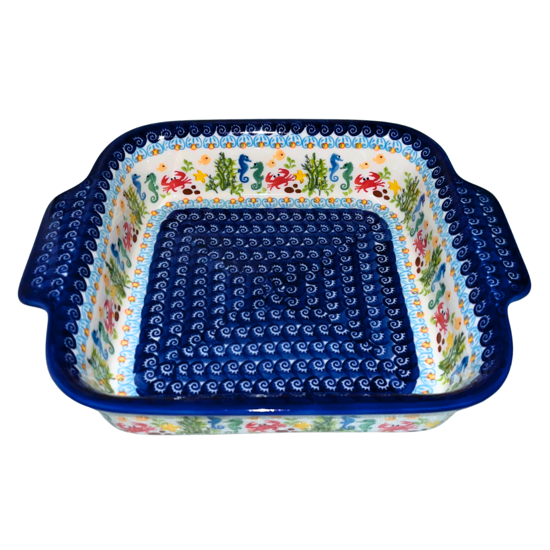 Handmade Ceramika Kalich Polish pottery in Pattern 884 Sealife with Red Crabs. Colorful coastal design featuring seahorses, starfish, and crabs. Microwave and dishwasher safe stoneware.