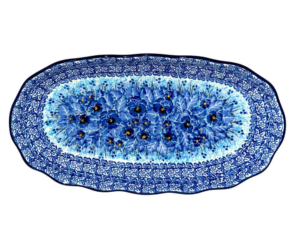 Ceramika Artystyczna Pattern U3639 Polish pottery featuring layered cobalt blue floral design. Handmade in Poland, dishwasher, microwave, and oven safe stoneware.