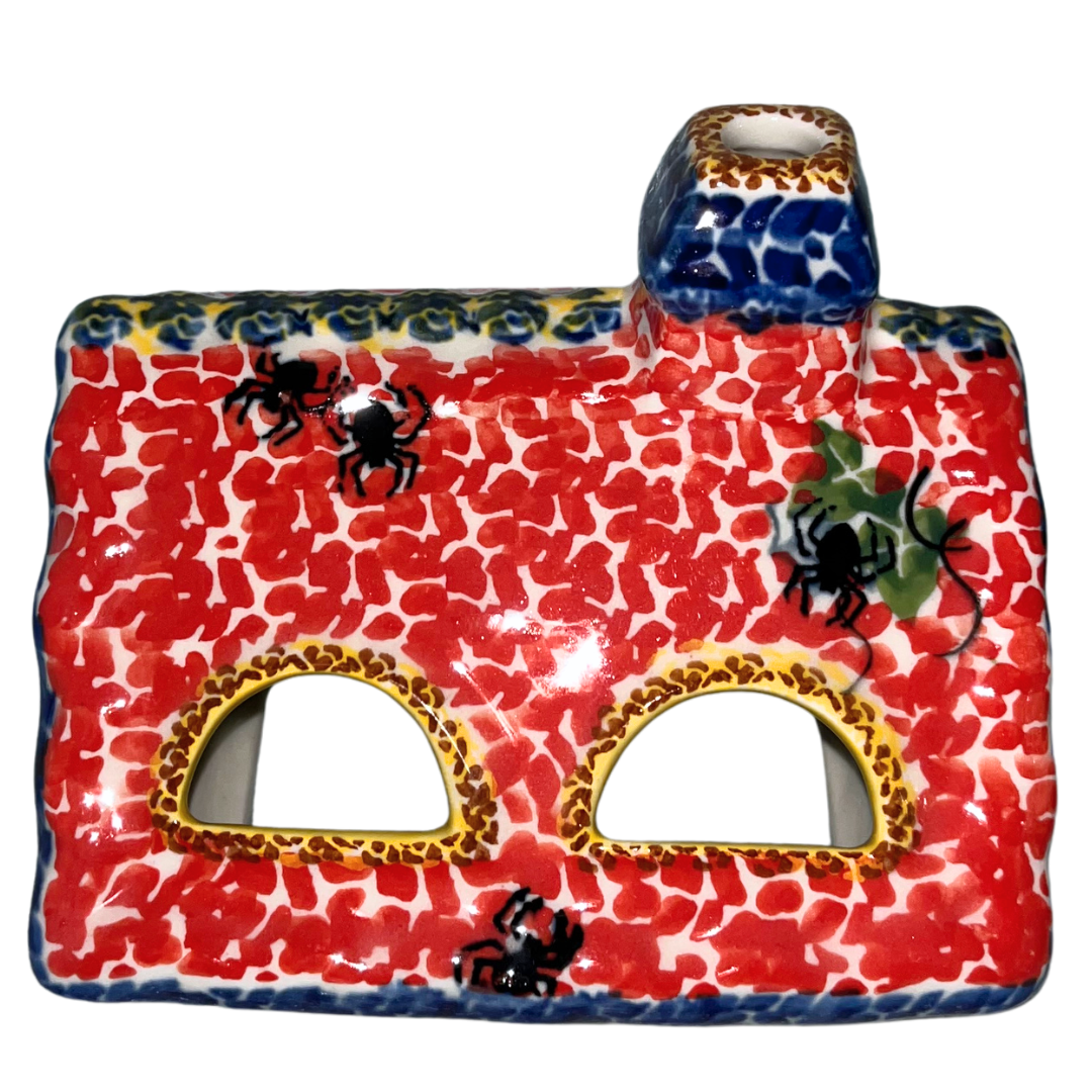 Hand-painted Kalich Polish Pottery Halloween House Luminary from Bolesławiec, Poland, featuring black cats, ravens, spiders, bats and autumn details.