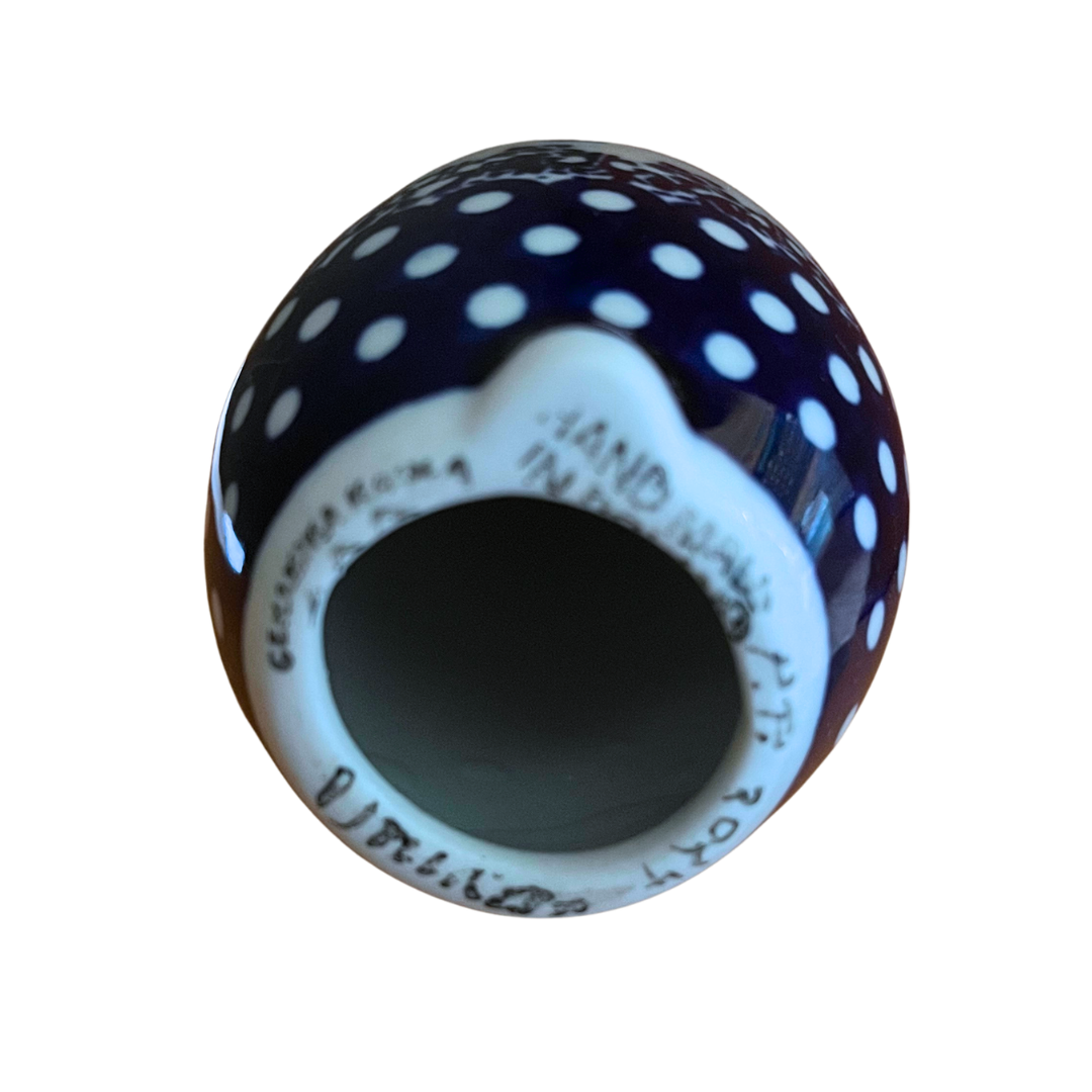 5.75" Polish pottery bunny by Kaola, hand-painted in cobalt florals & dots signed A K. Glossy, durable, collectible ceramic figurine.