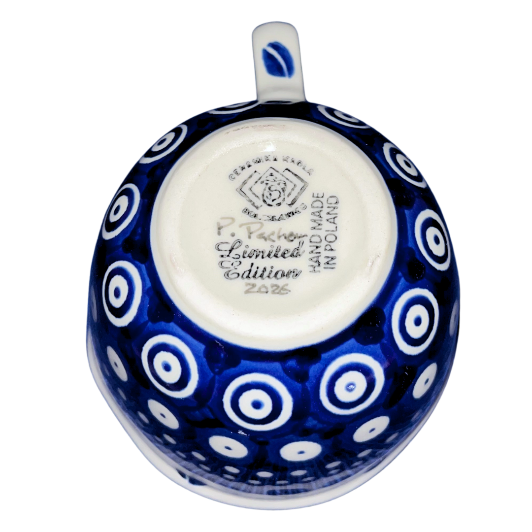 Handmade Kaola Polish Pottery in the Blue Coffee Beans pattern. Authentic Bolesławiec stoneware featuring hand-painted cobalt blue coffee bean motifs.