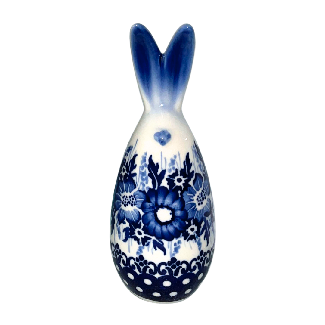 5.75" Polish pottery bunny by Kaola, hand-painted cobalt poppies, signed Basia 2025 collectible ceramic figurine.