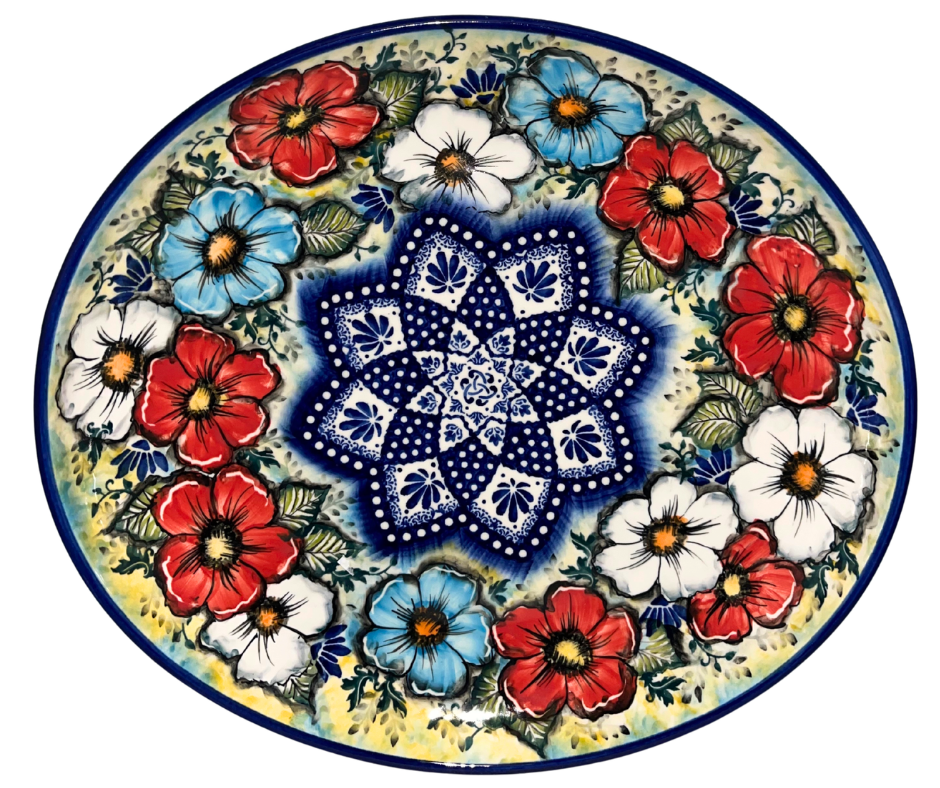 Limited edition 14x12.75x2.5 oblong ceramic platter by Kaola Studio, signed by Aga K. Features red, white & blue florals with cobalt mandala center. Handmade in Poland.