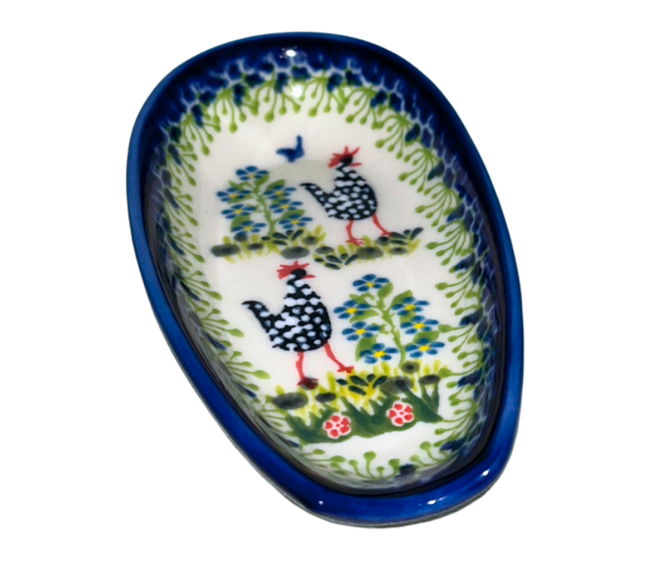 Kalich Pattern 950 5 inch spoon rest hand-painted hens and floral details. Authentic Polish stoneware, durable, oven, microwave & dishwasher safe.