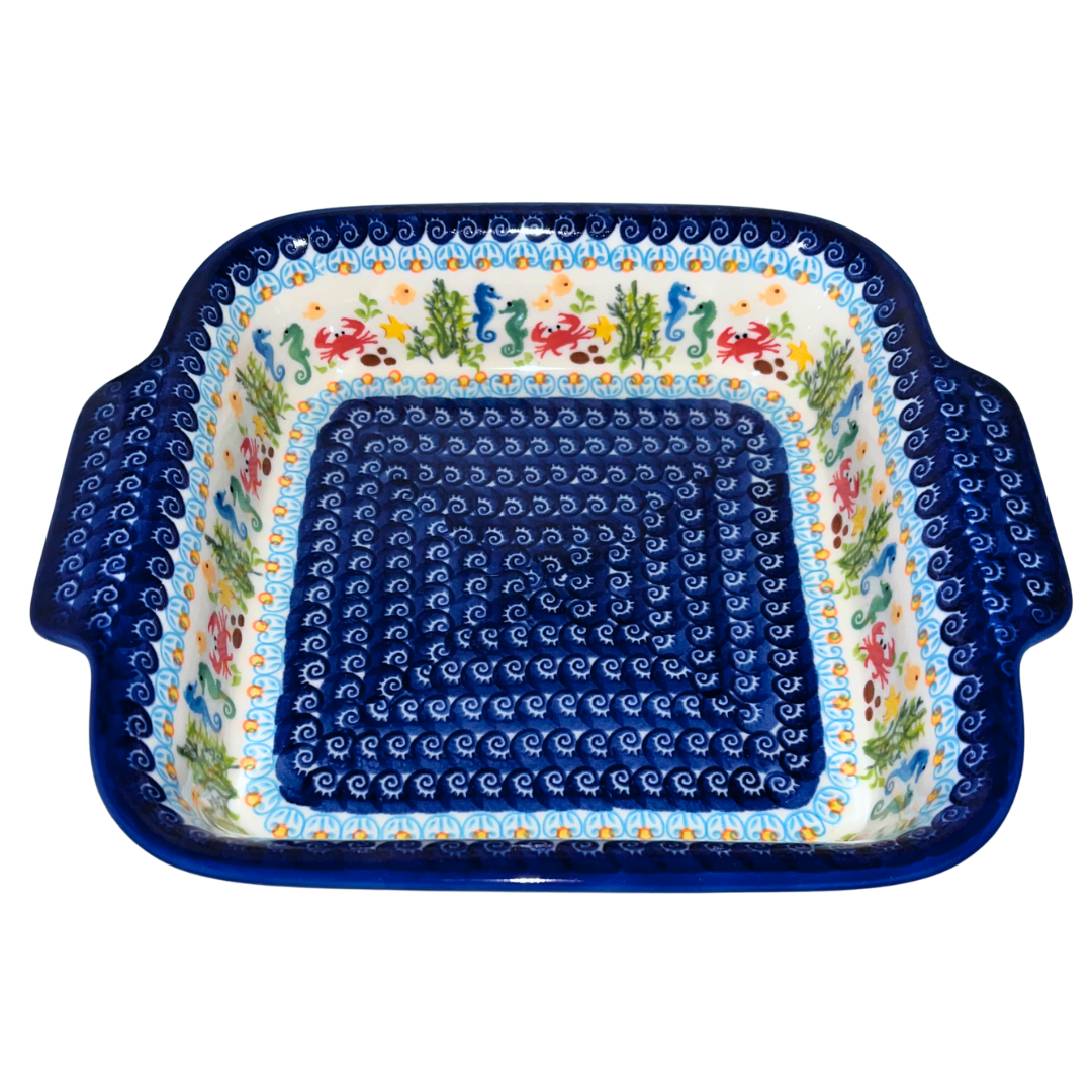 Handmade Ceramika Kalich Polish pottery in Pattern 884 Sealife with Red Crabs. Colorful coastal design featuring seahorses, starfish, and crabs. Microwave and dishwasher safe stoneware.
