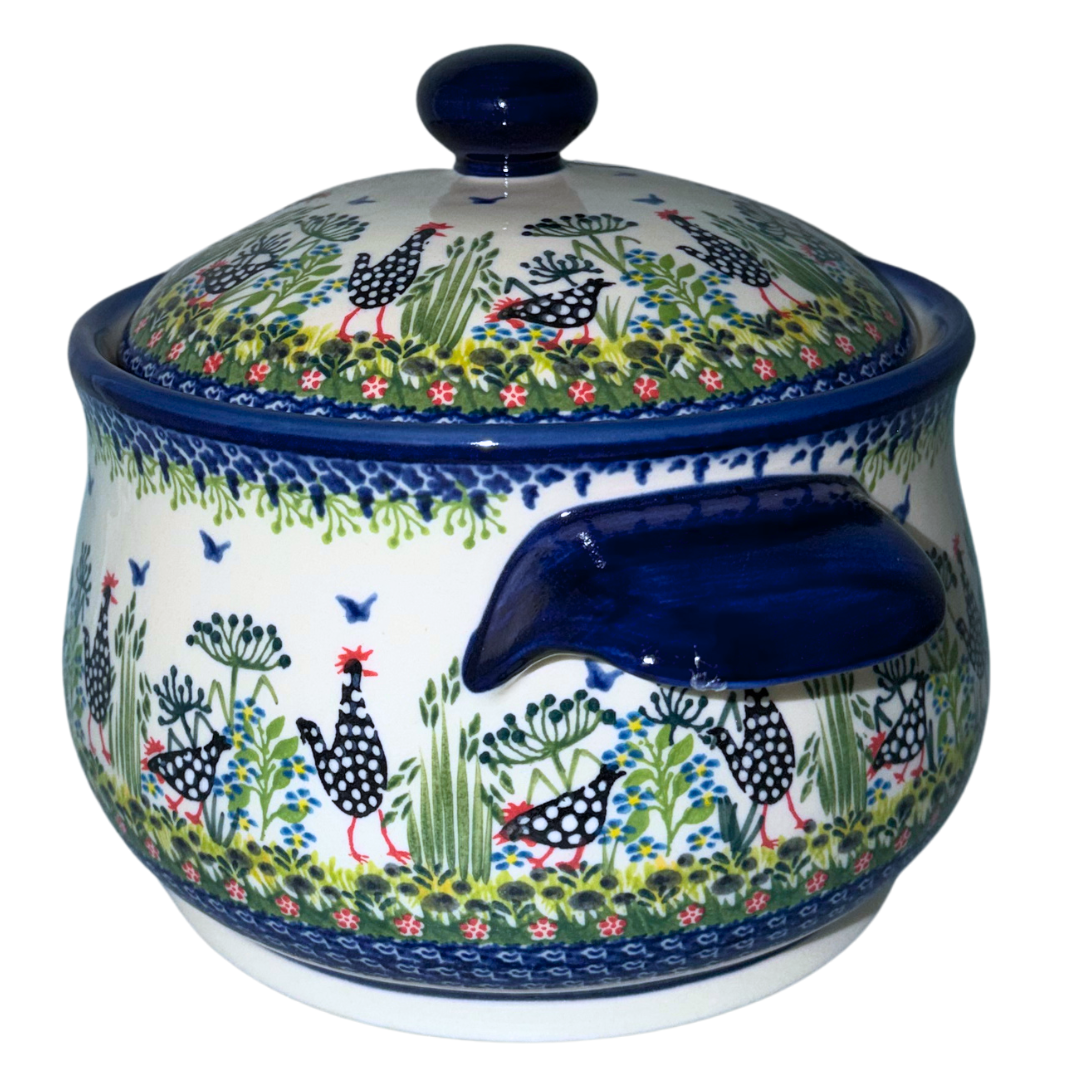 Ceramika Kalich Pattern 950 Polka Chicken Polish pottery with hand-painted hens and floral garden design.