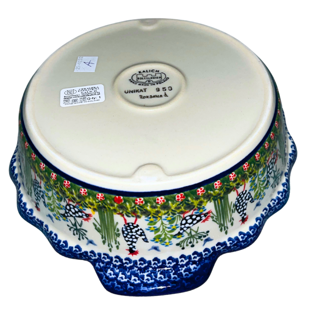 Kalich Pattern 950 10 inch round baker hand-painted hens and floral details. Authentic Polish stoneware, durable, oven, microwave & dishwasher safe.