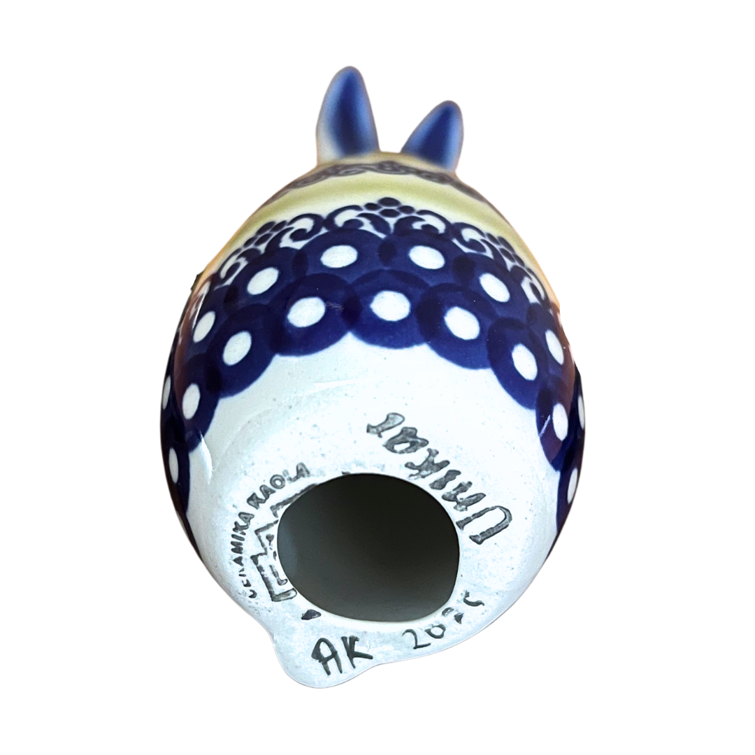 5.75" Polish pottery bunny by Kaola, hand-painted in cobalt & moss green, signed A K. Glossy, durable, collectible ceramic figurine.