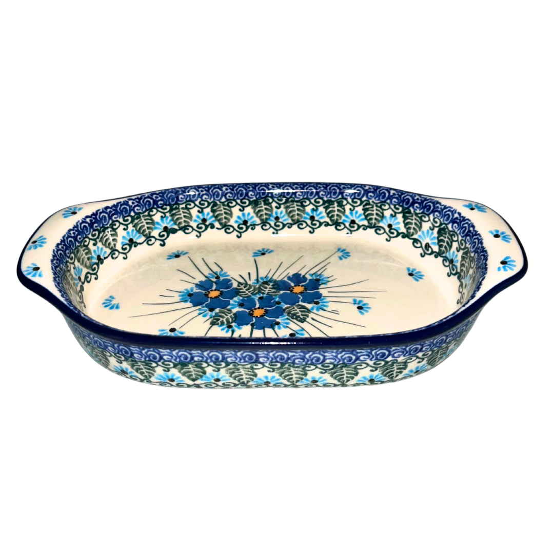 Ceramika Artystyczna pattern U4992 Polish pottery. Hand-painted blue Forget Me Not floral design on durable stoneware. Elegant, dishwasher safe, and perfect for everyday use or display.