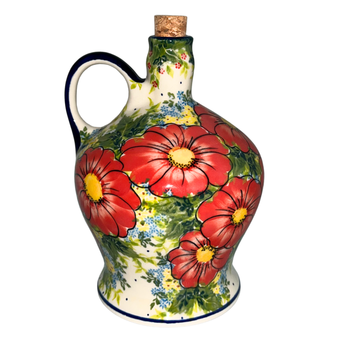 Kalich Polish Pottery Pattern 730 Red Poppy Garden, hand-painted red floral design with green foliage and cobalt accents, Bolesławiec stoneware, durable, dishwasher and microwave safe.