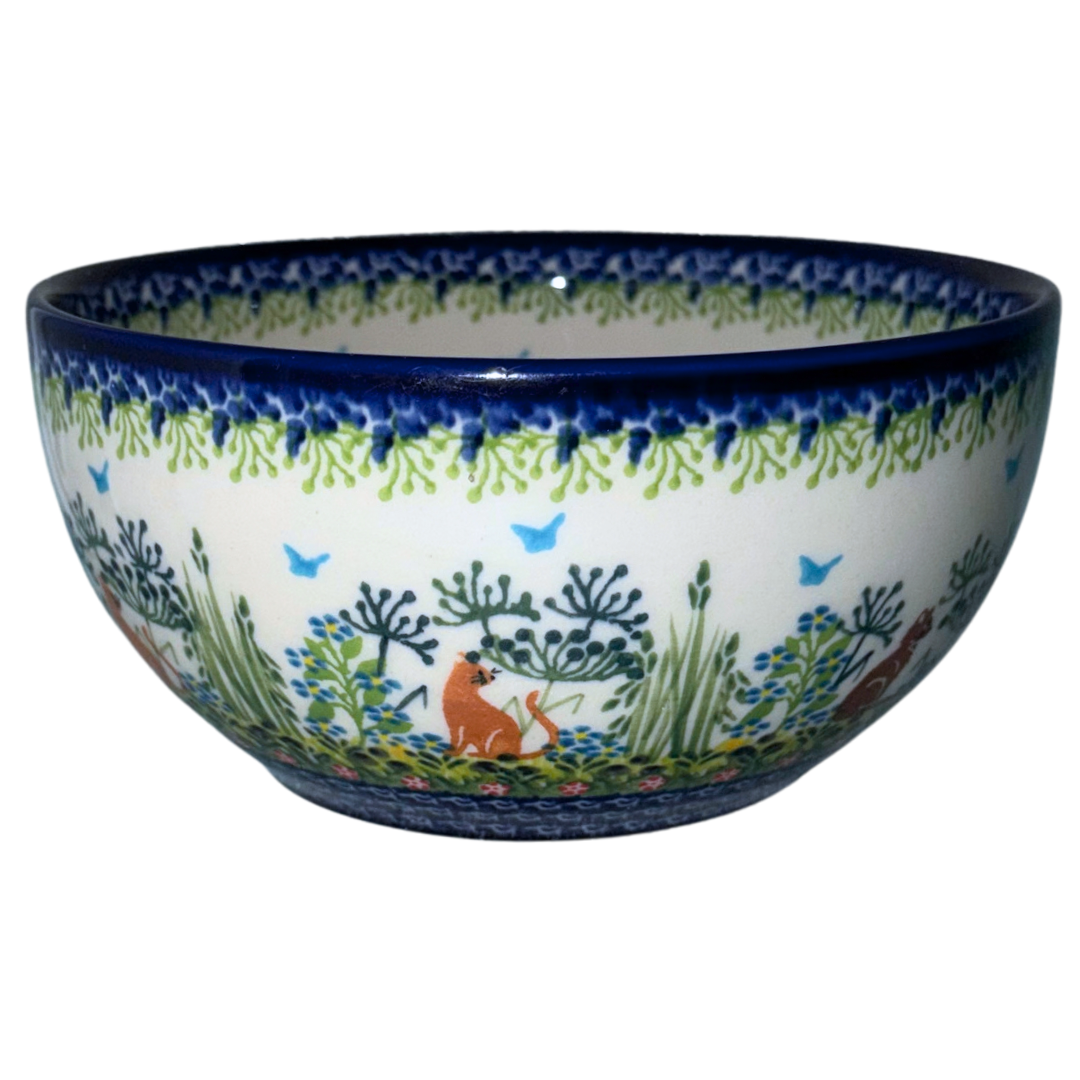 Ceramika Kalich Pattern 1257 Polka Cat & Mouse Polish Pottery bowl with hand-painted cats, mouse, flowers and butterflies.