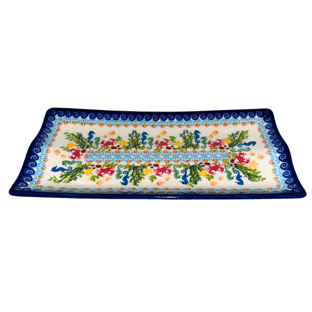 Handmade Ceramika Kalich Polish pottery in Pattern 884 Sealife with Red Crabs. Colorful coastal design featuring seahorses, starfish, and crabs. Microwave and dishwasher safe stoneware.