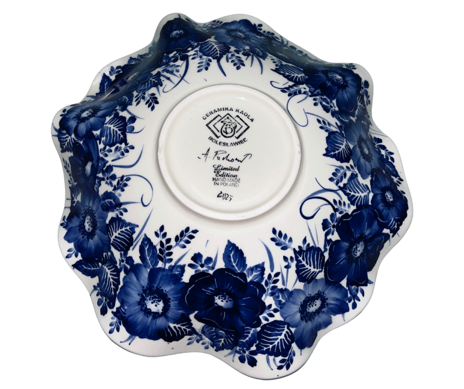 2025 limited edition 11 inch wavy edge bowl signed by A Pachum of Kaola Studio, hand painted cobalt floral Polish pottery centerpiece, 11 x 11 x 3.