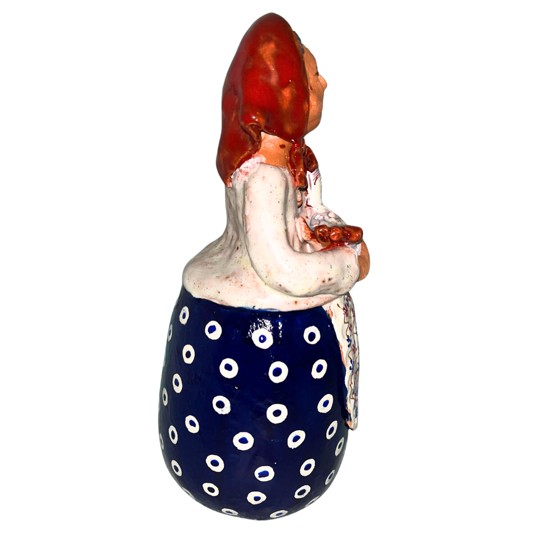 Hand-painted folk art babcia grannie figurine holding a rooster