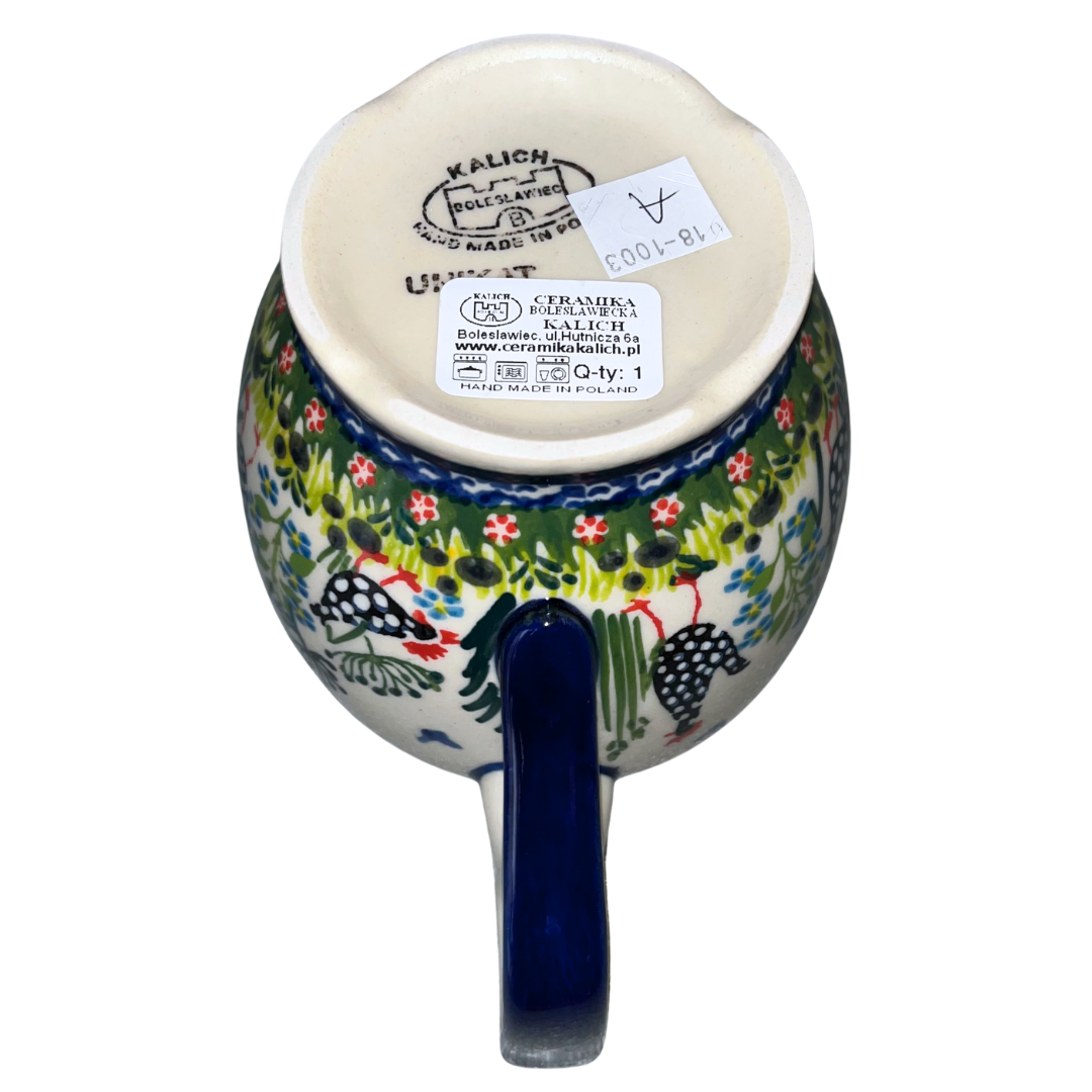 Kalich Pattern 950 gravy boat with hand-painted hens and floral details. Authentic Polish stoneware, durable, oven, microwave & dishwasher safe.