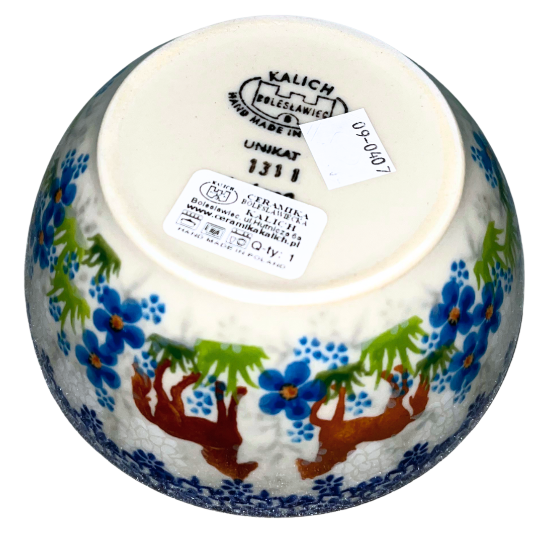 Ceramika Kalich Pattern 1311 features two horses among vibrant blue blossoms with a classic cobalt border. Hand-painted Polish pottery from Bolesławiec, Poland.
